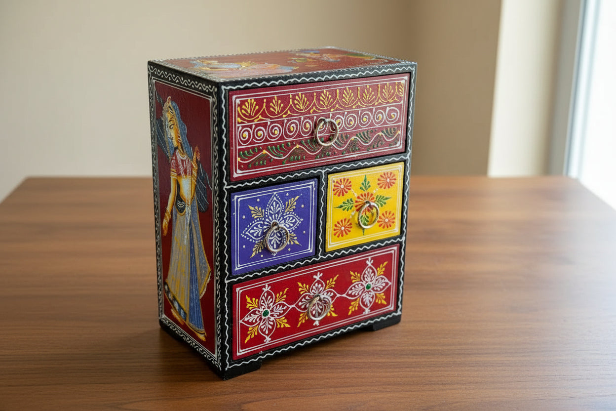 Traditional Wooden Hand-Painted Chest of Drawers – Artistic Storage Cabinet, raja rani design