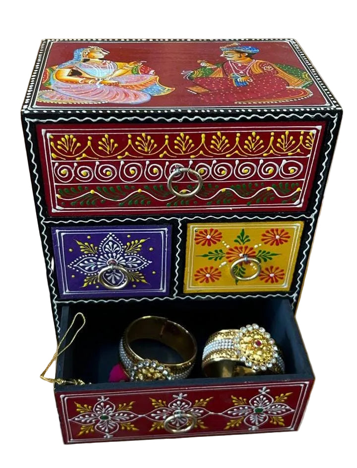 Traditional Wooden Hand-Painted Chest of Drawers – Artistic Storage Cabinet, raja rani design