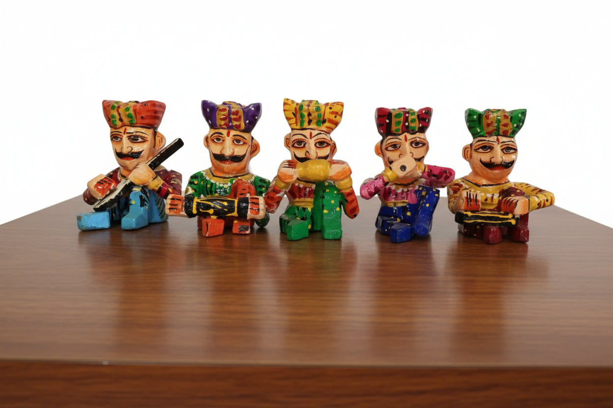 Wooden Hand-Painted Mini Musician Figurines – Set of 5, 6 Inch Colorful Décor