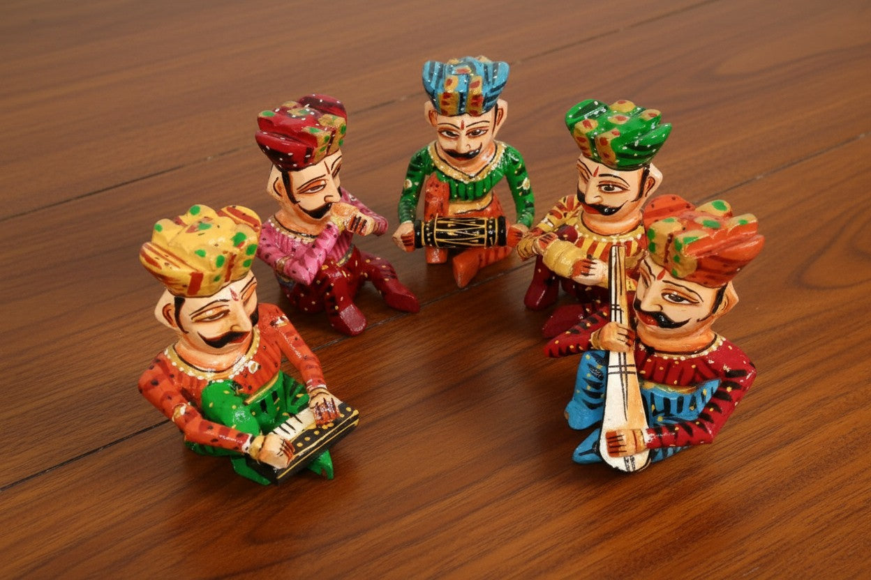 Wooden Hand-Painted Mini Musician Figurines – Set of 5, 4 Inch Colorful Décor