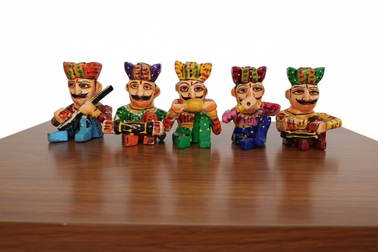Wooden Hand-Painted Mini Musician Figurines – Set of 5, 4 Inch Colorful Décor