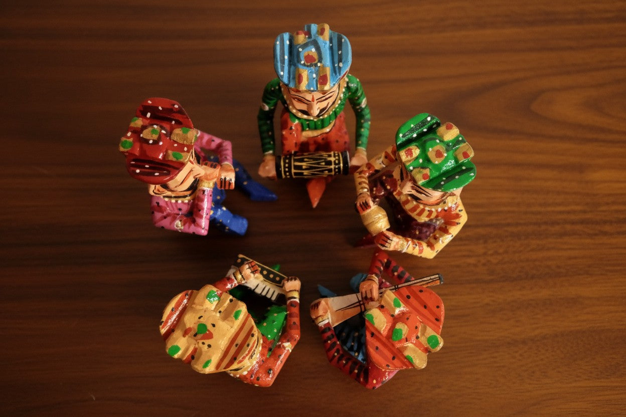 Wooden Hand-Painted Mini Musician Figurines – Set of 5, 4 Inch Colorful Décor