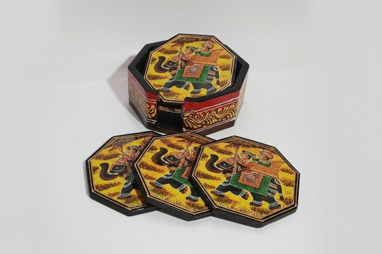 Wooden Hand-Painted Coaster – Elephant Design, Artistic Table Décor, red