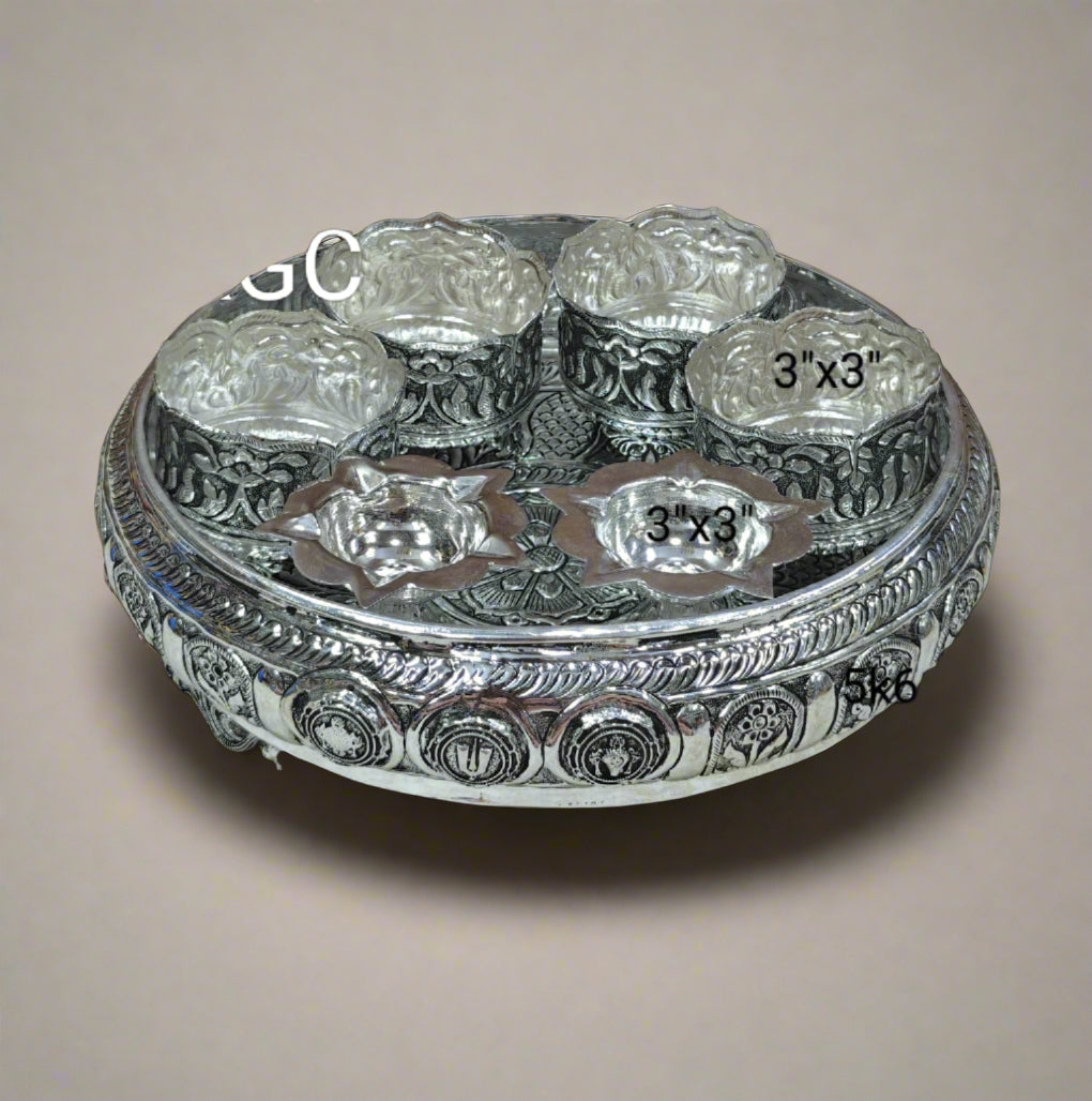 Antique German silver shanku chakra nama Pooja thali combo set for housewarming set