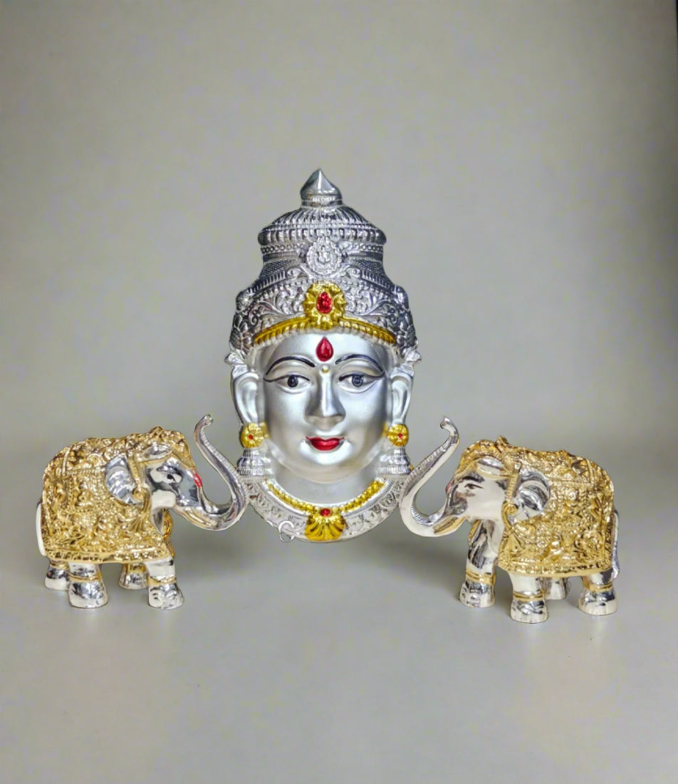 german silver lakshmi face with 2 golden elephant pair set pooja item