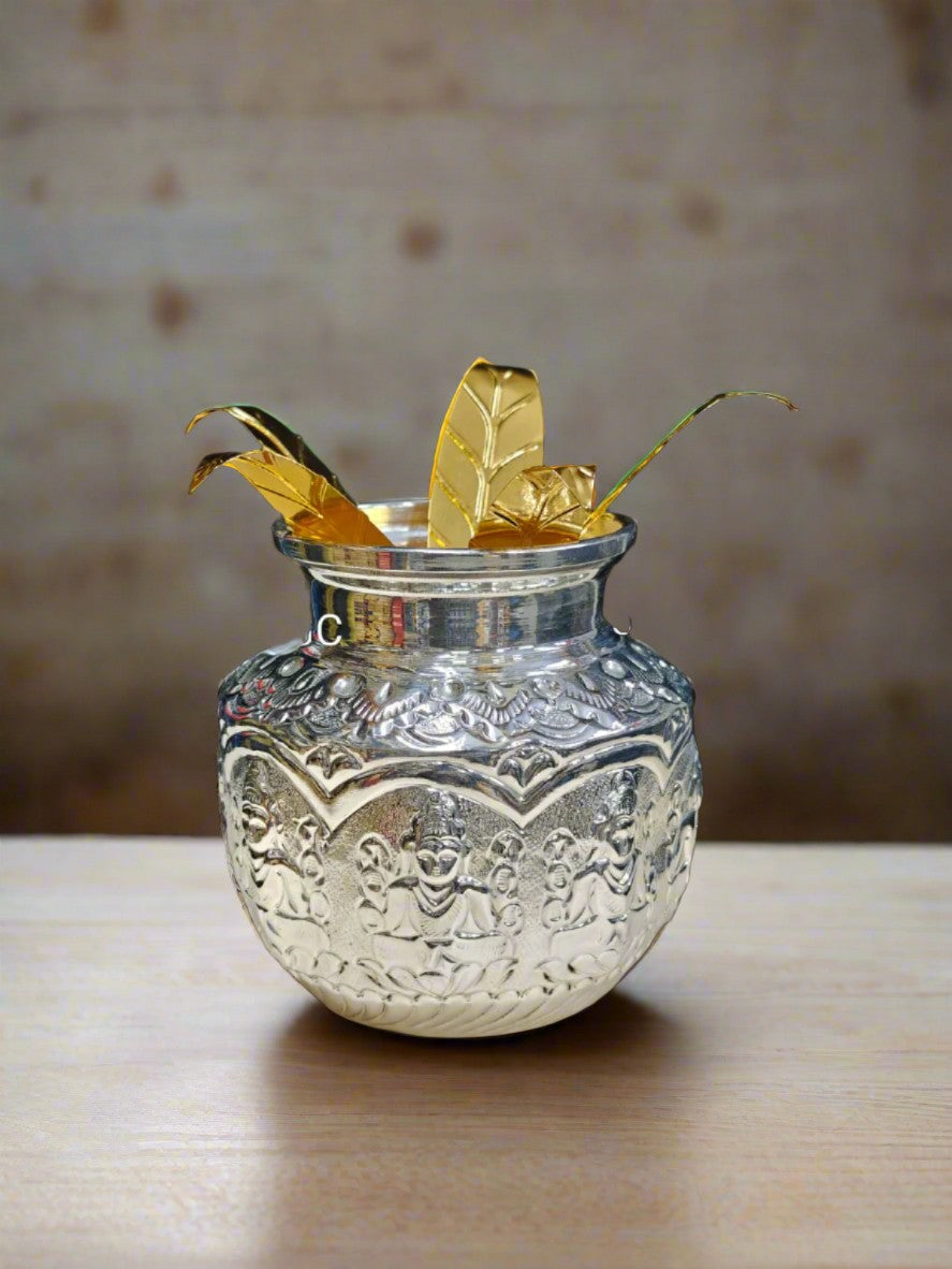 german silver ashta lakshmi kalash with golden leaves set for pooja