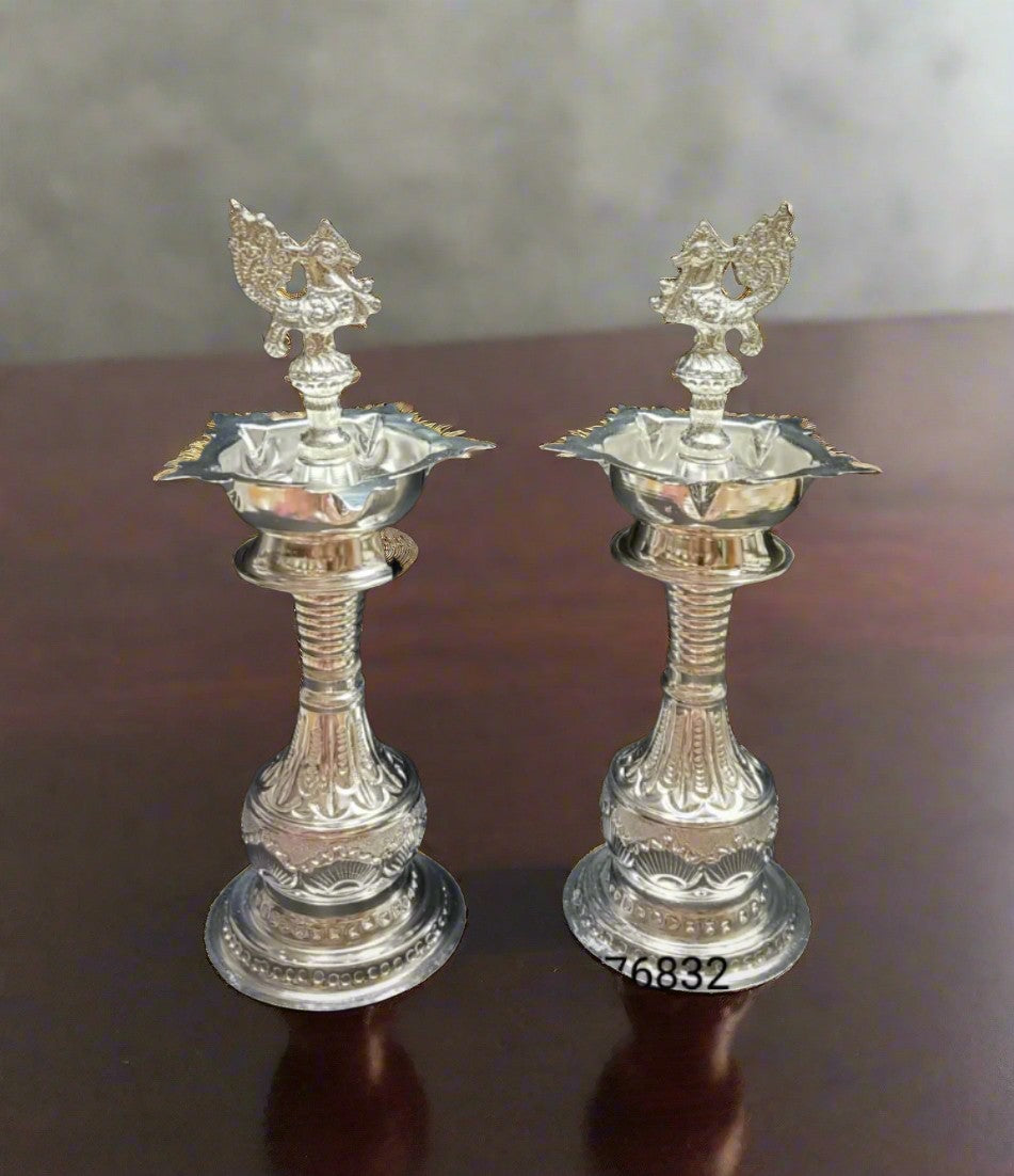 german silver peacock diya set 11" for housewarming pooja/ diwali