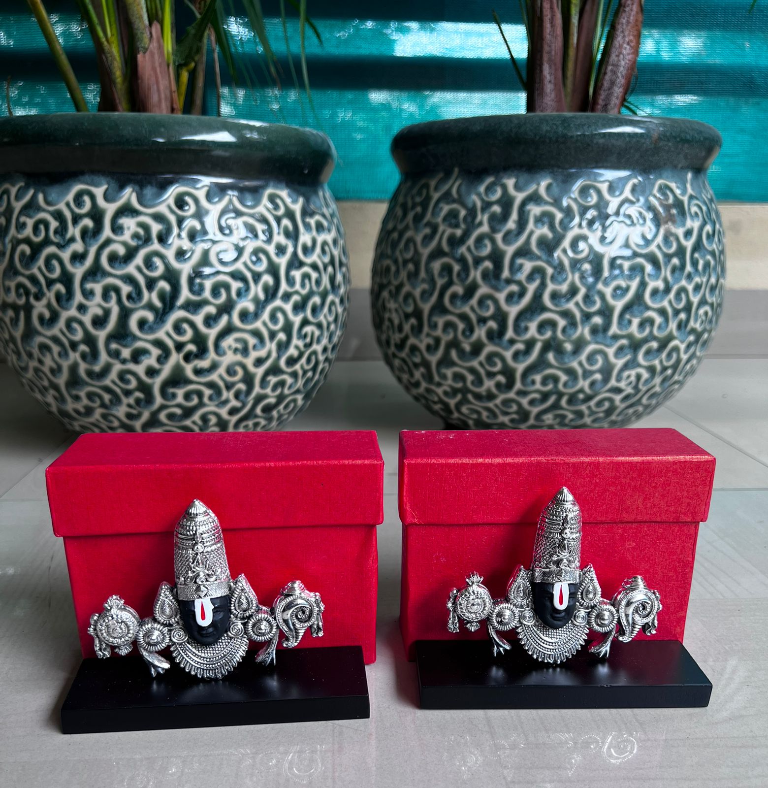 german silver Tirupati Balaji Mukham stand big size on wooden base