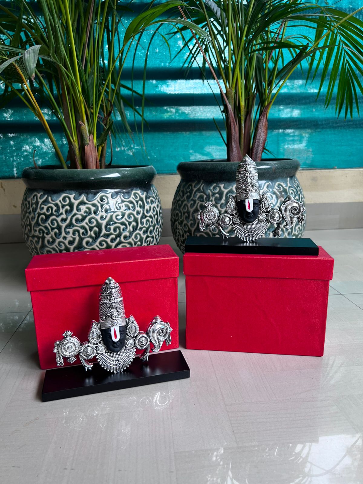 german silver Tirupati Balaji Mukham stand big size on wooden base
