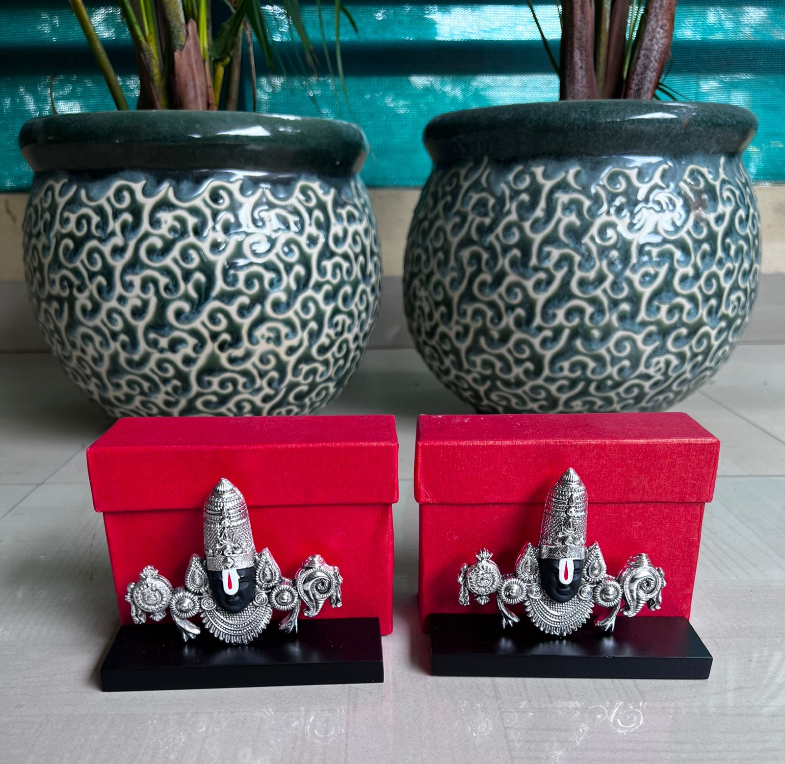 german silver Tirupati Balaji Mukham stand big size on wooden base