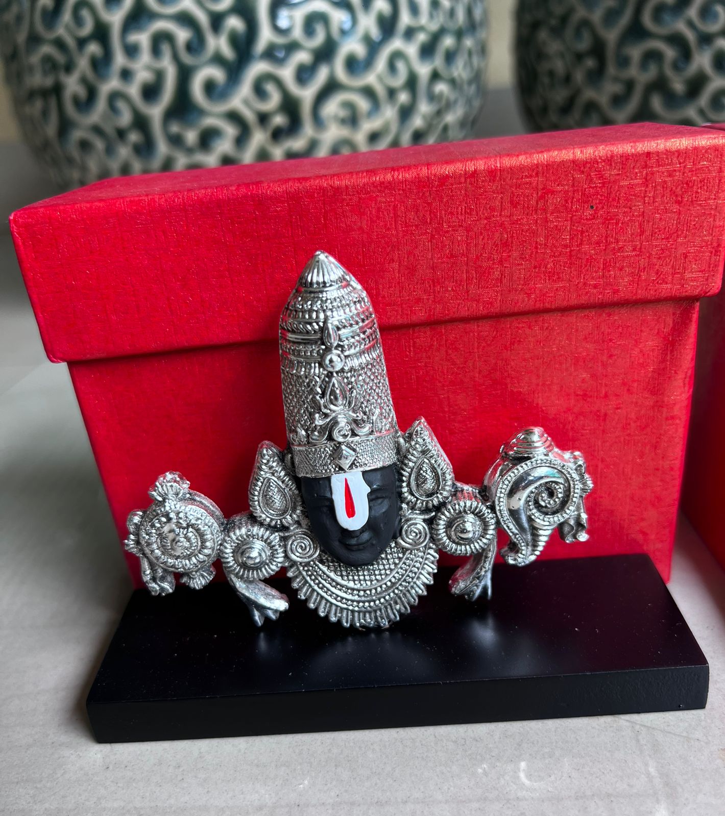 german silver Tirupati Balaji Mukham stand big size on wooden base
