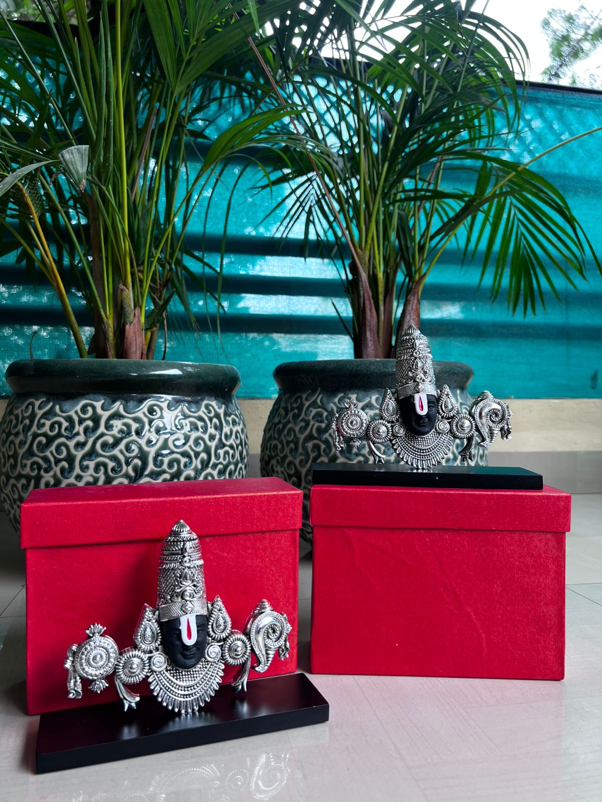 german silver Tirupati Balaji Mukham stand small size on wooden base