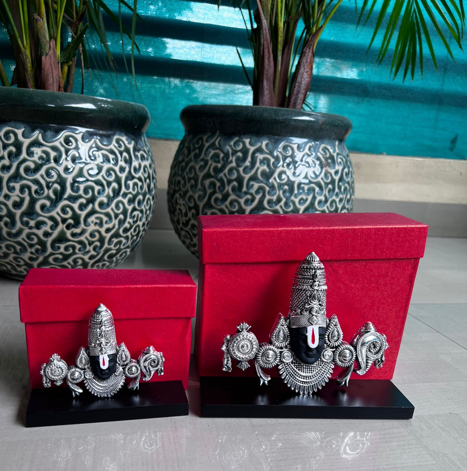 german silver Tirupati Balaji Mukham stand small size on wooden base