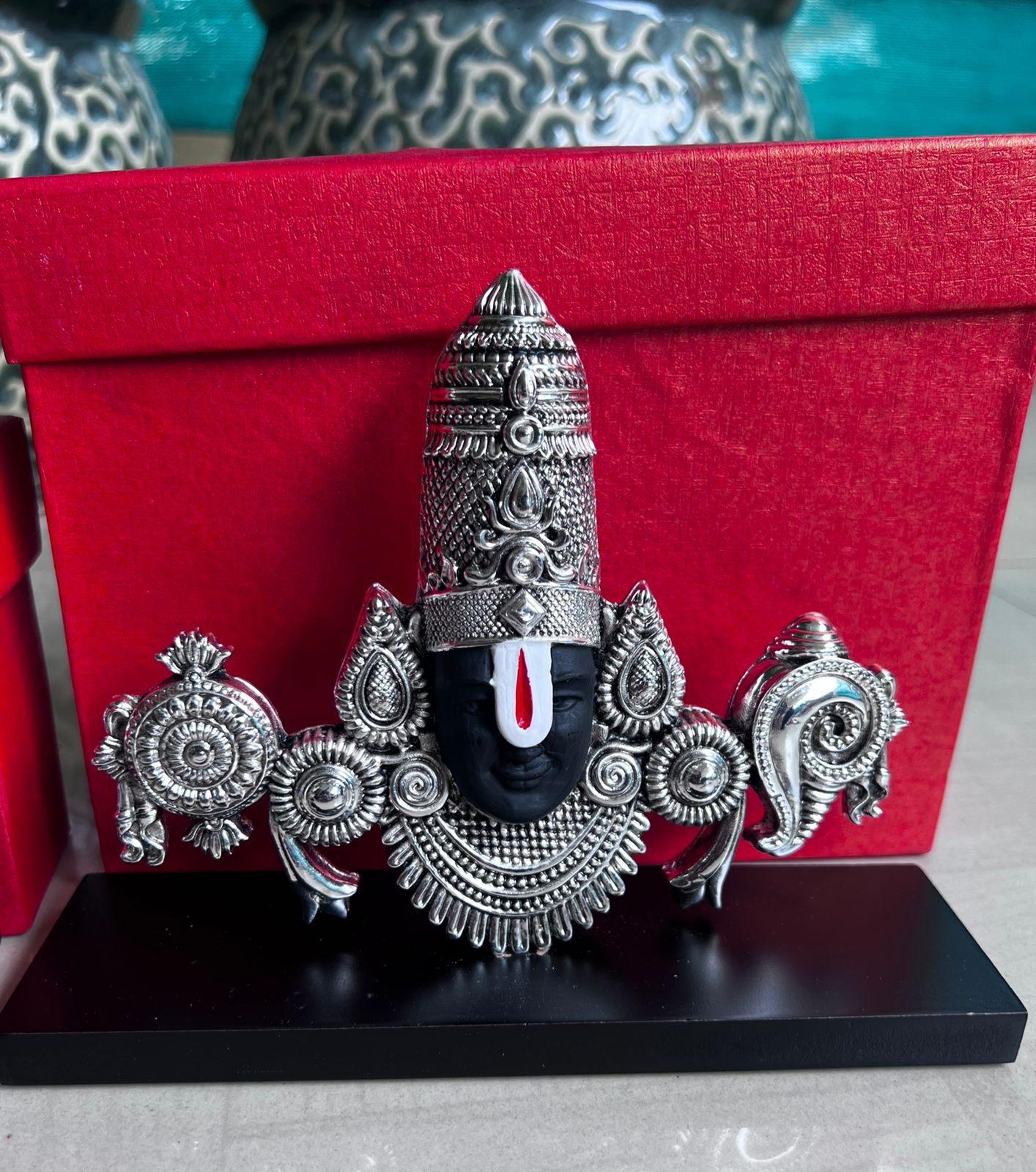 german silver Tirupati Balaji Mukham stand small size on wooden base