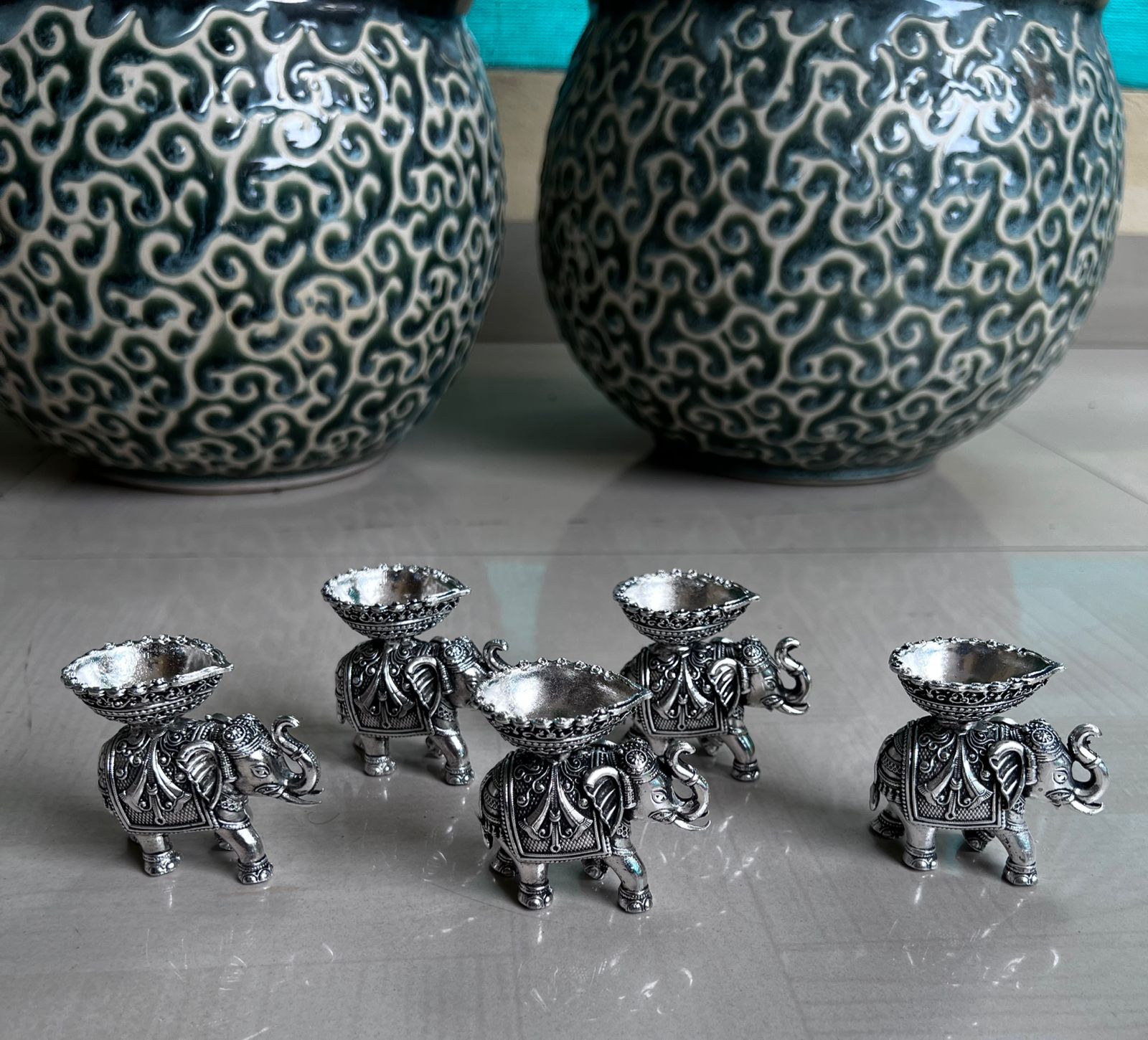 german silver antique finish set of 5 elephant diya for home decor