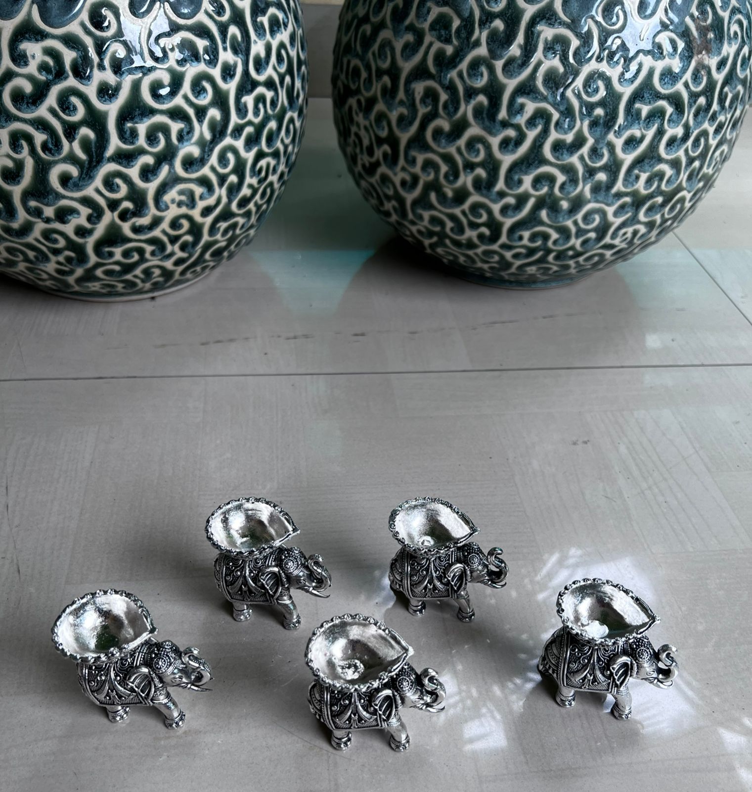 german silver antique finish set of 5 elephant diya for home decor