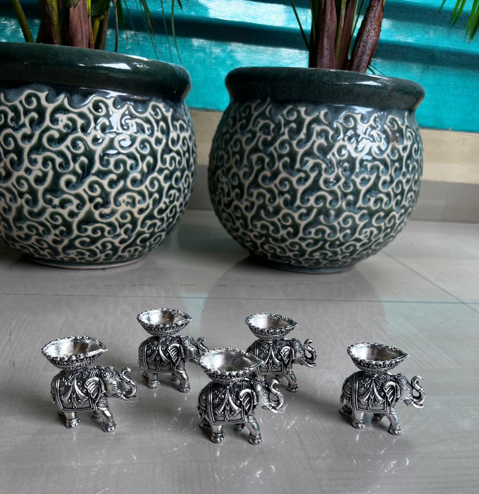 german silver antique finish set of 5 elephant diya for home decor