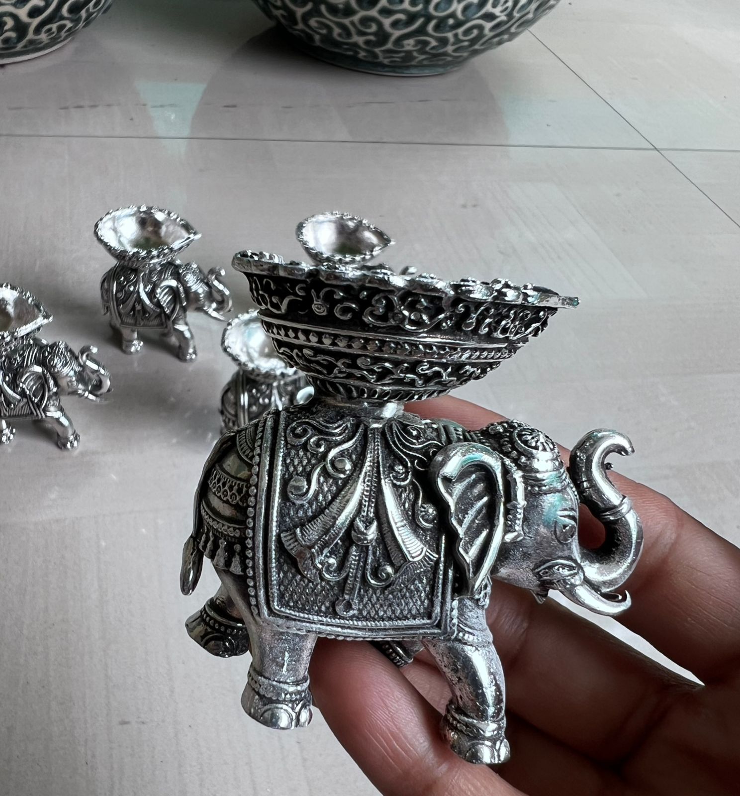 german silver antique finish set of 5 elephant diya for home decor
