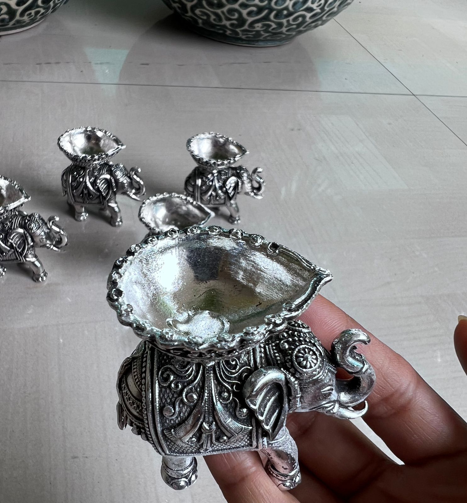 german silver antique finish set of 5 elephant diya for home decor
