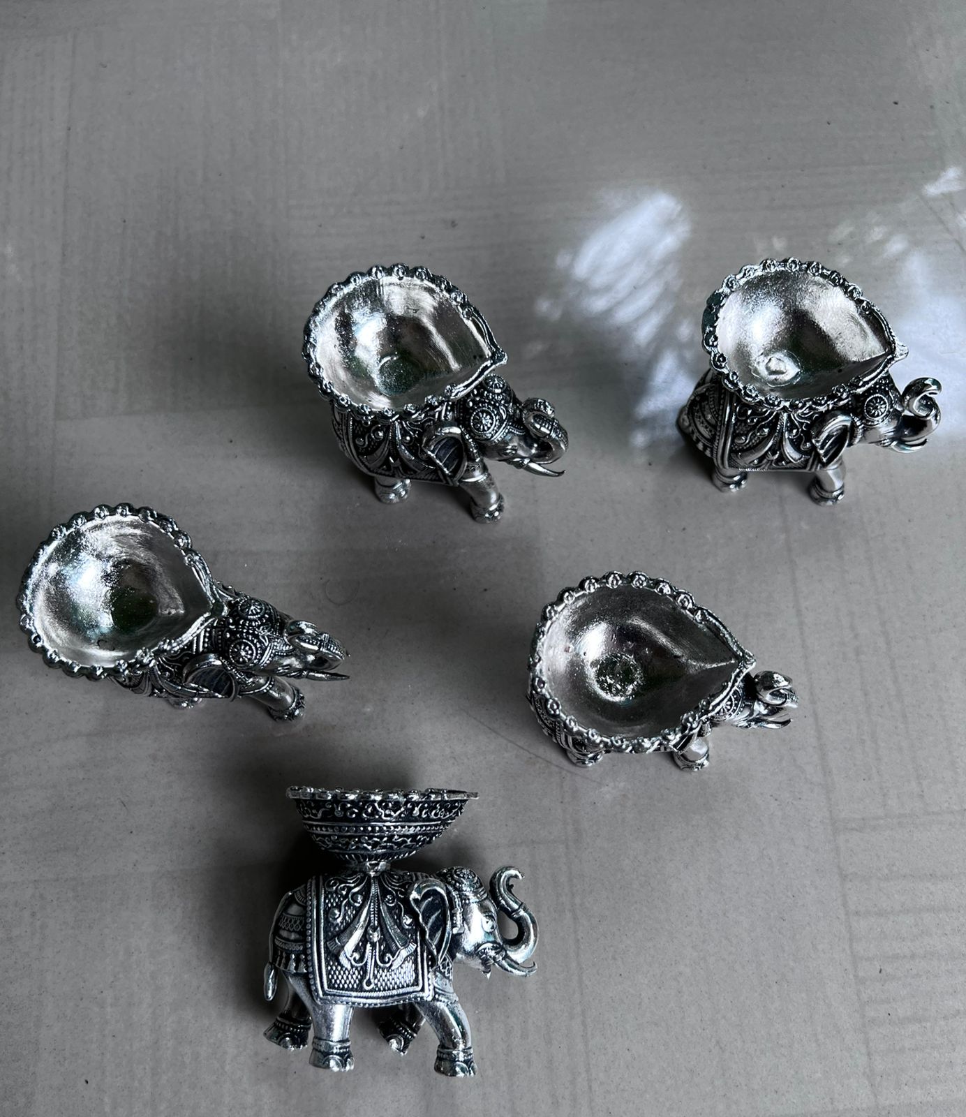 german silver antique finish set of 5 elephant diya for home decor