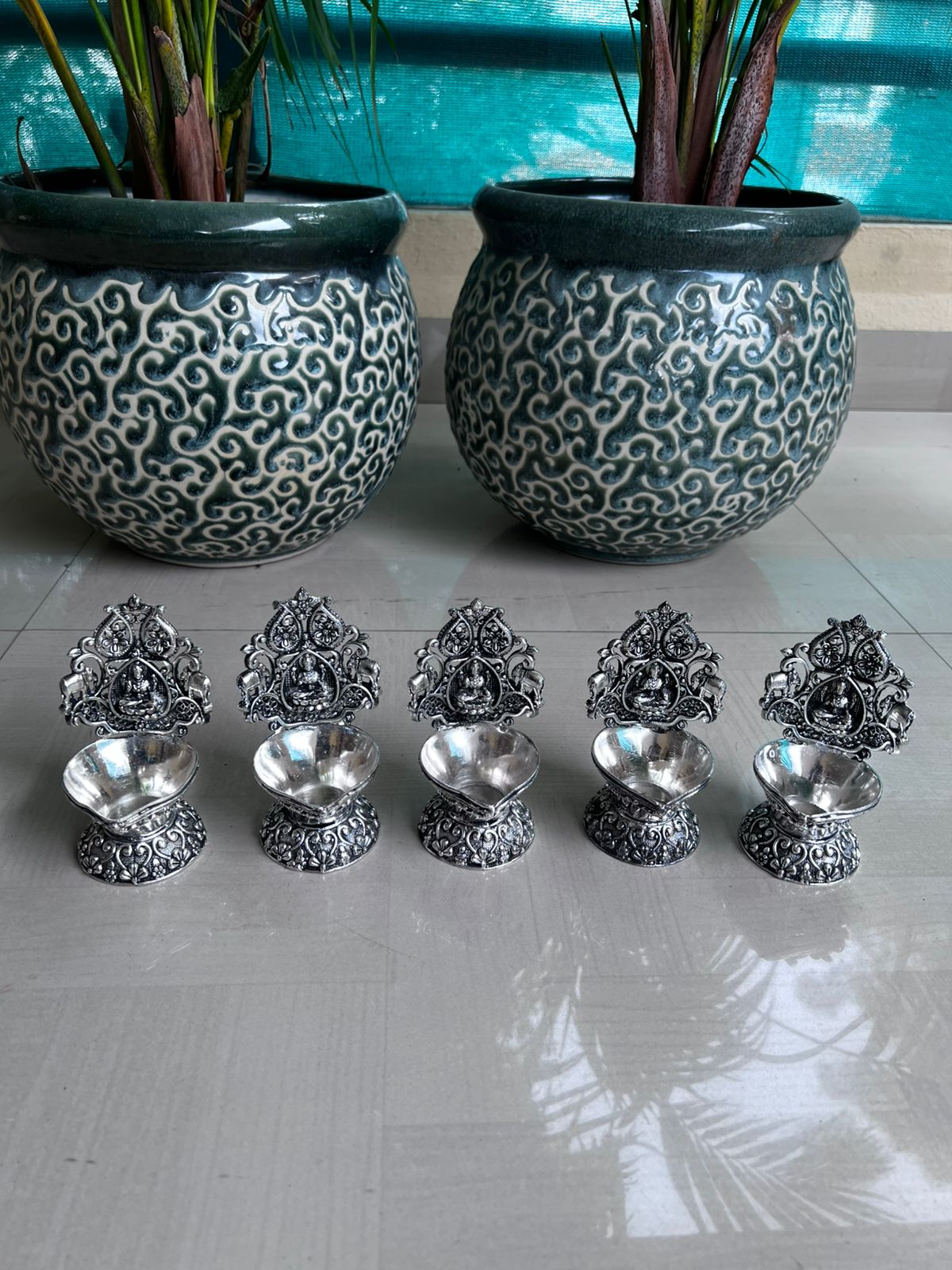german silver antique finish lakshmi diya pair set for diwali/ housewarming