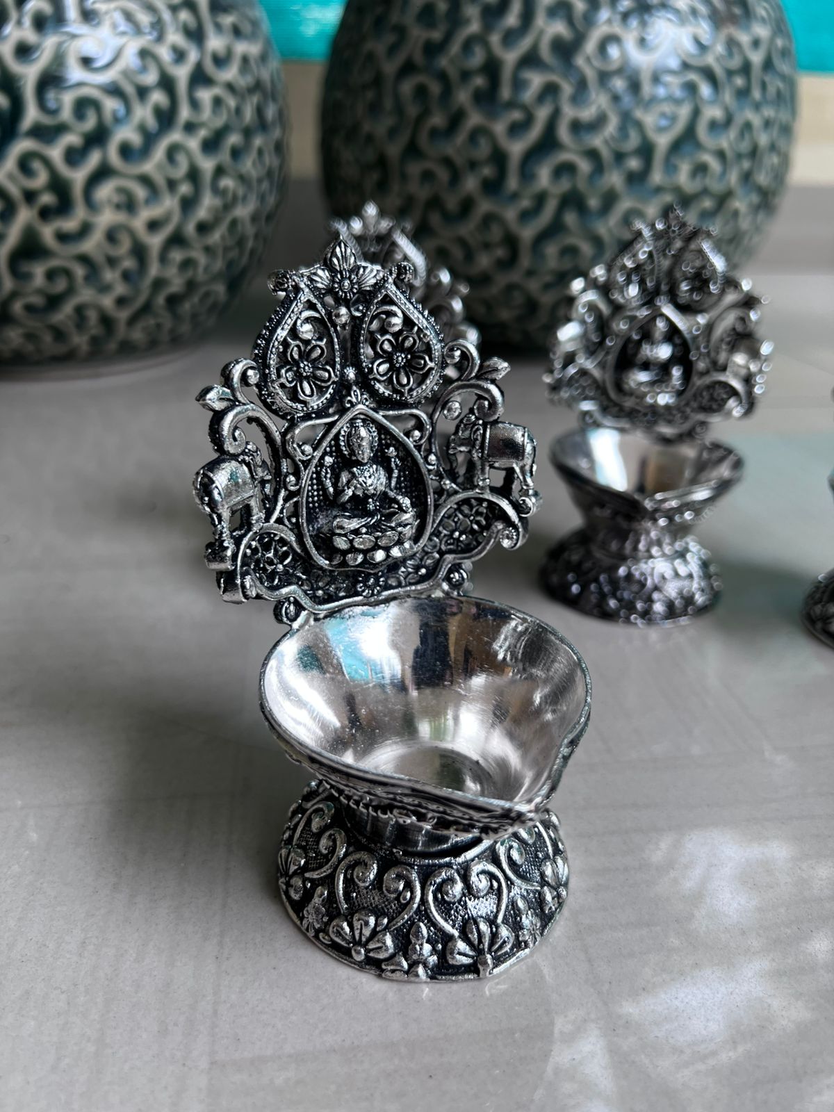 german silver antique finish lakshmi diya pair set for diwali/ housewarming