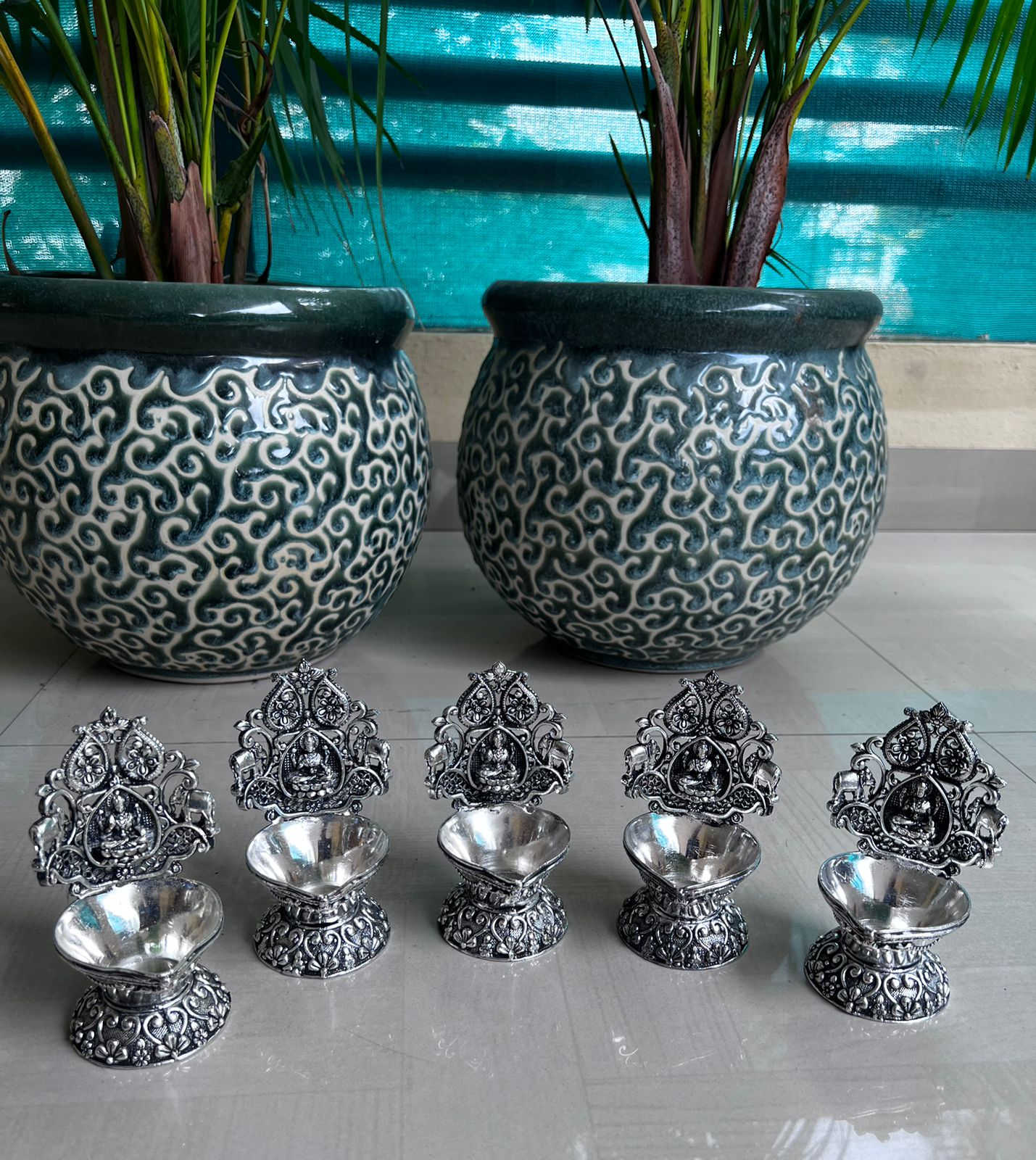 german silver antique finish lakshmi diya pair set for diwali/ housewarming