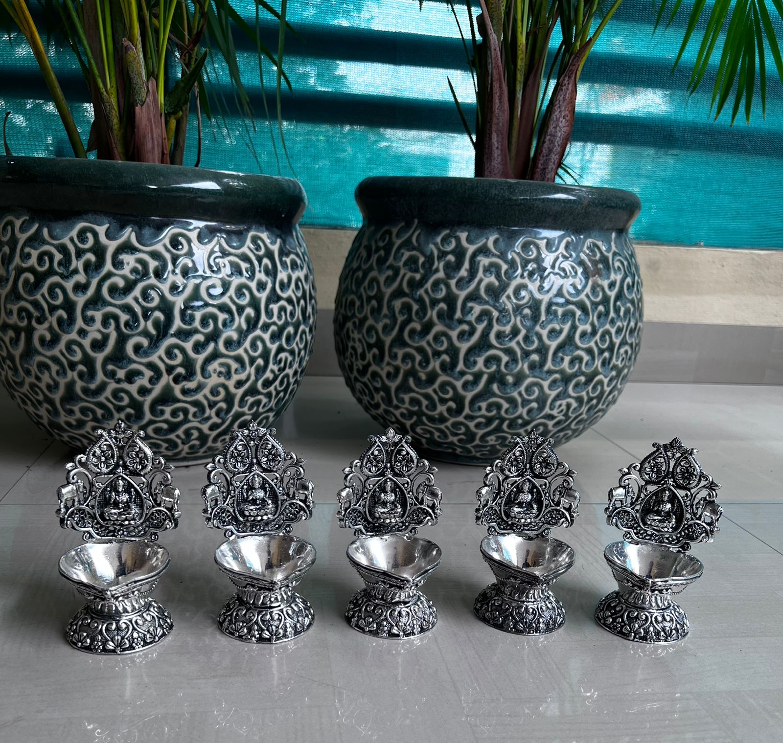 german silver antique finish lakshmi diya pair set for diwali/ housewarming