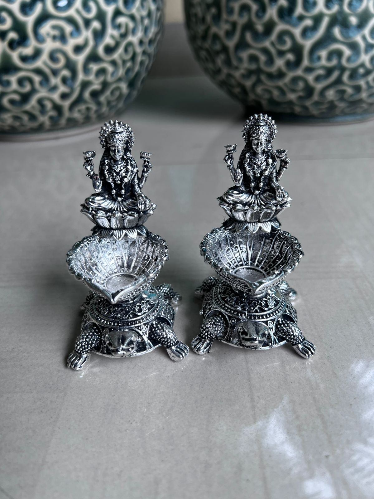 German silver Antique Tortoise Laxmi deepams set of 4 pieces