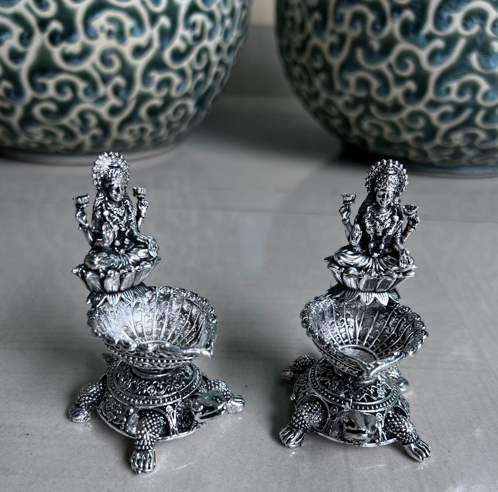 German silver Antique Tortoise Laxmi deepams set of 4 pieces