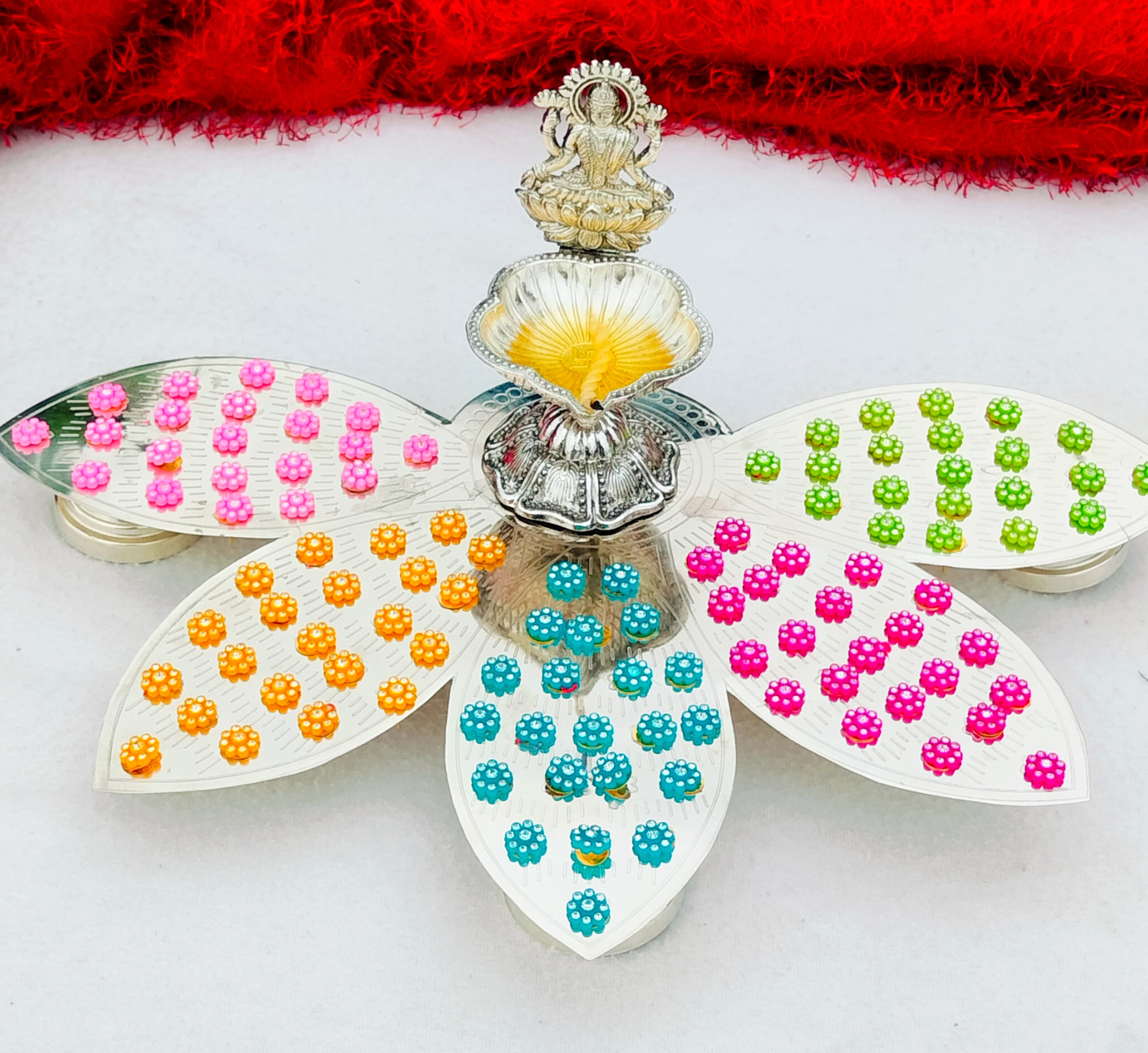 German silver lotus petals design 108 flower Ashtotram stand with 108 flower & Maha Laxmi diya