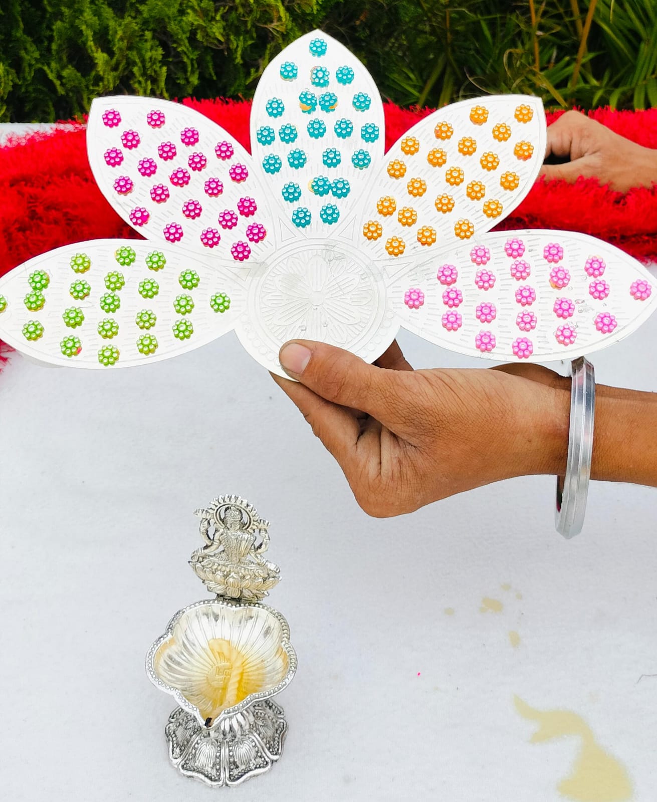 German silver lotus petals design 108 flower Ashtotram stand with 108 flower & Maha Laxmi diya