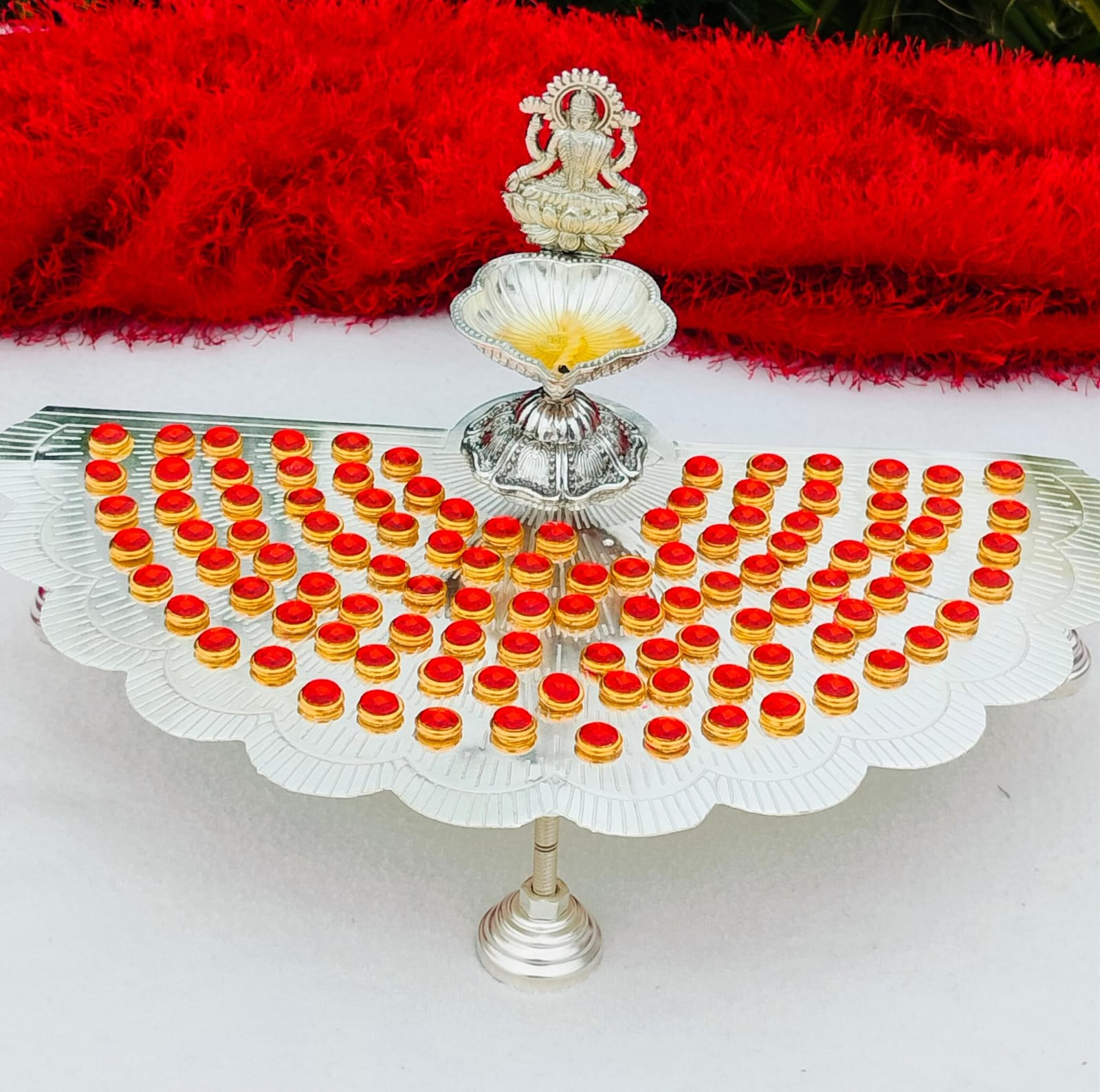 German silver  Ashtotram stand with 108 Red flower & MAHA LAXMI DIYA