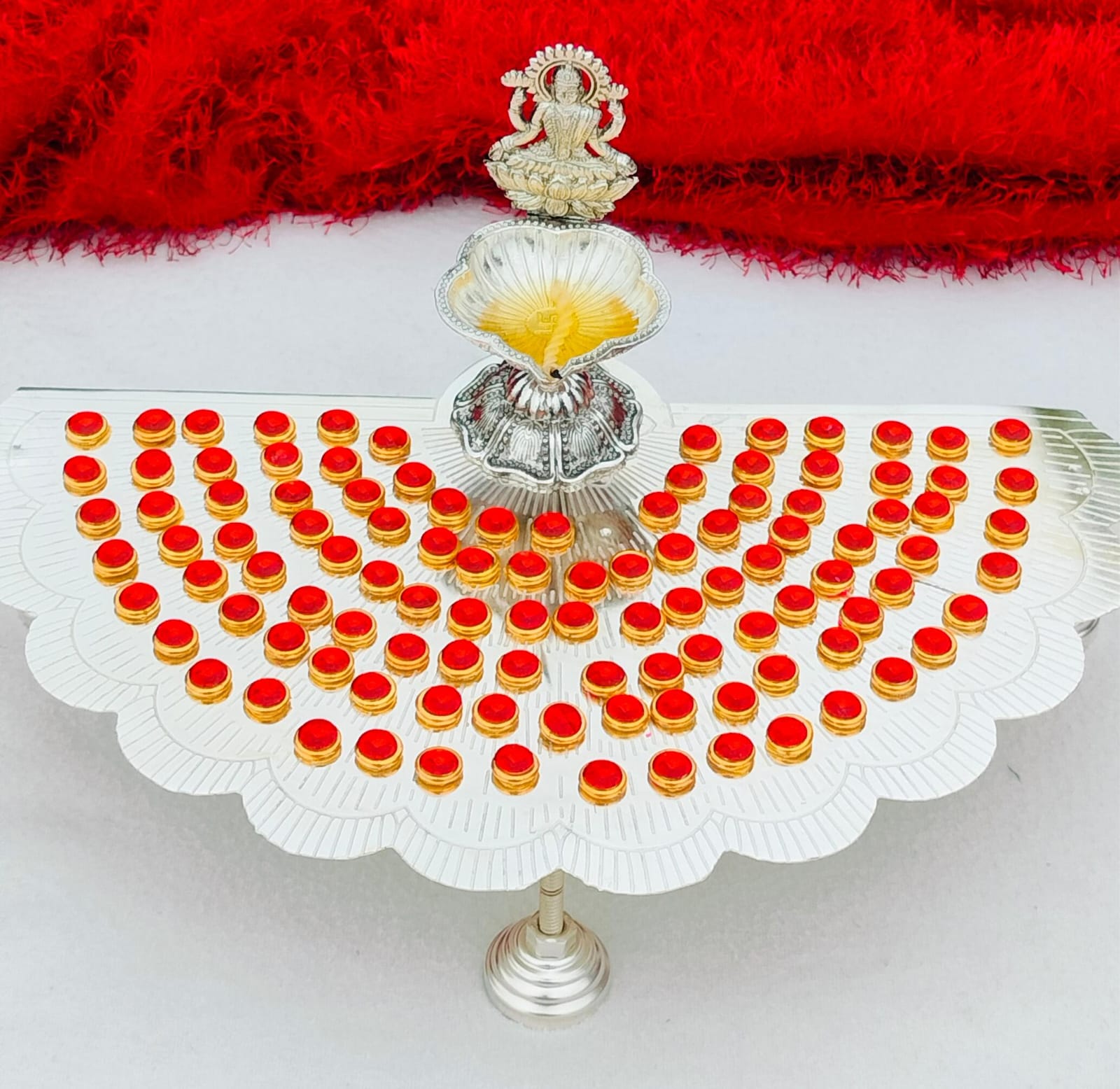 German silver  Ashtotram stand with 108 Red flower & MAHA LAXMI DIYA