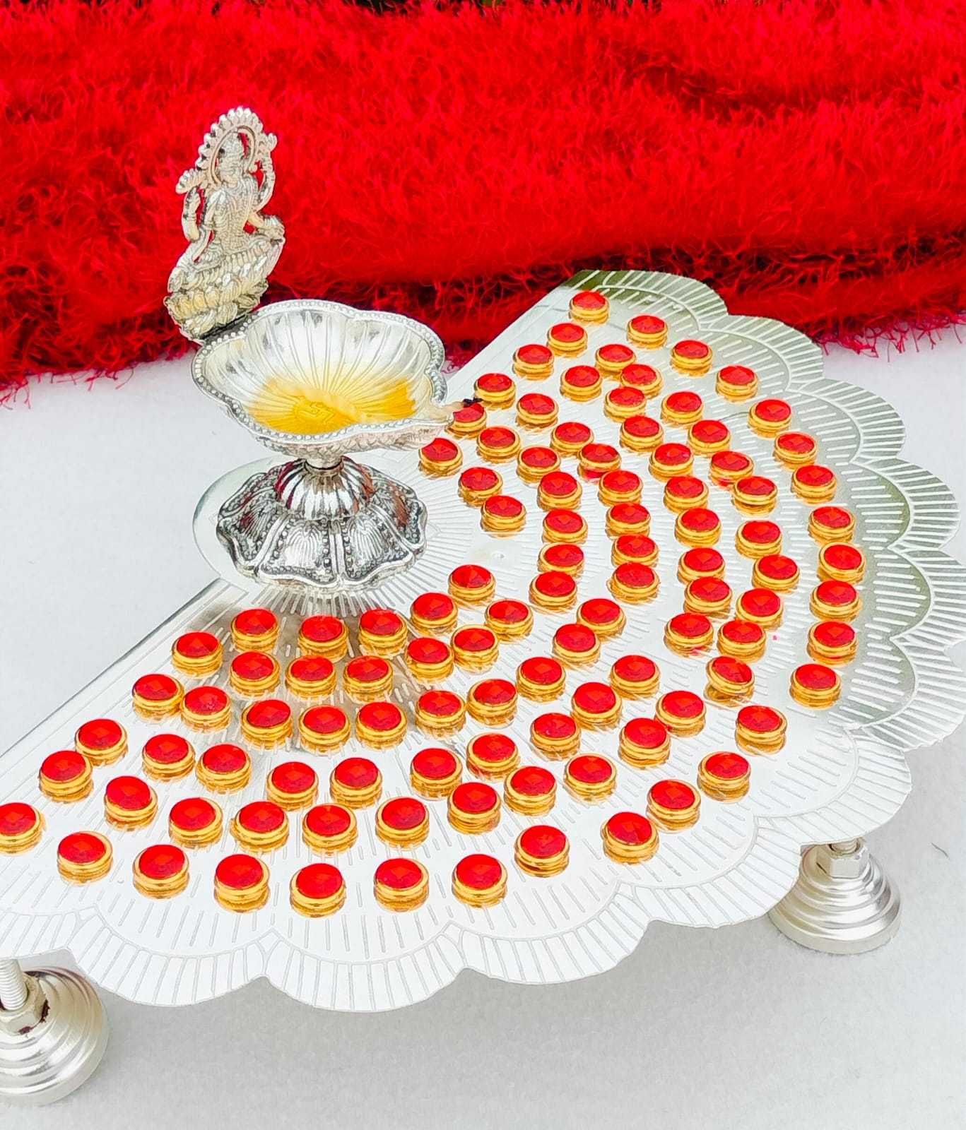 German silver  Ashtotram stand with 108 Red flower & MAHA LAXMI DIYA