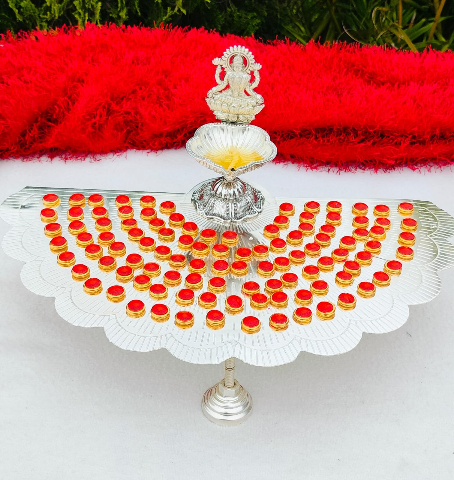 German silver  Ashtotram stand with 108 Red flower & MAHA LAXMI DIYA