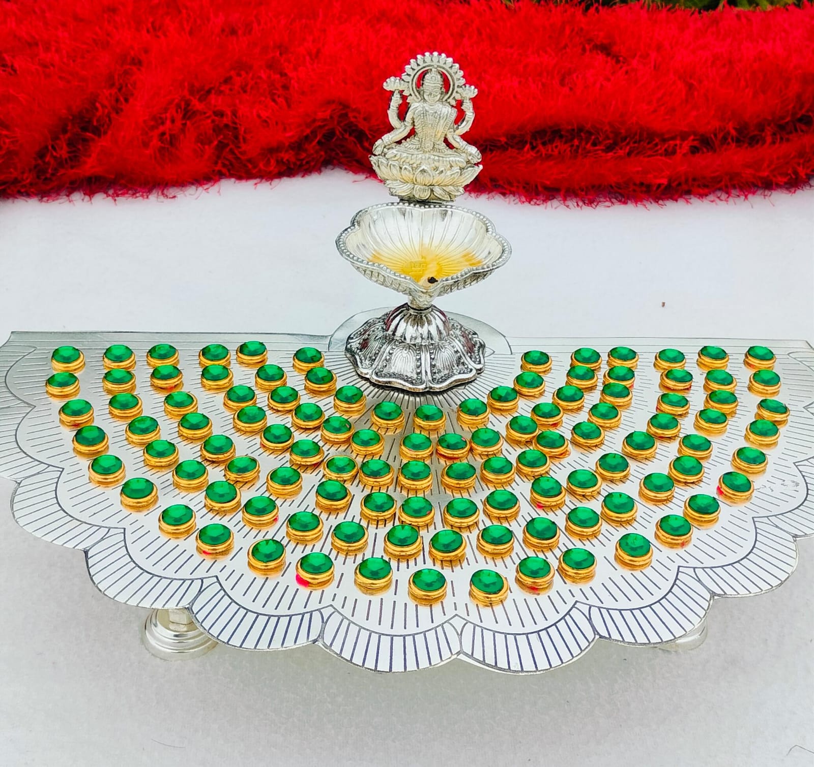 German silver  Ashtotram stand with  108 green flower & MAHA LAXMI DIYA