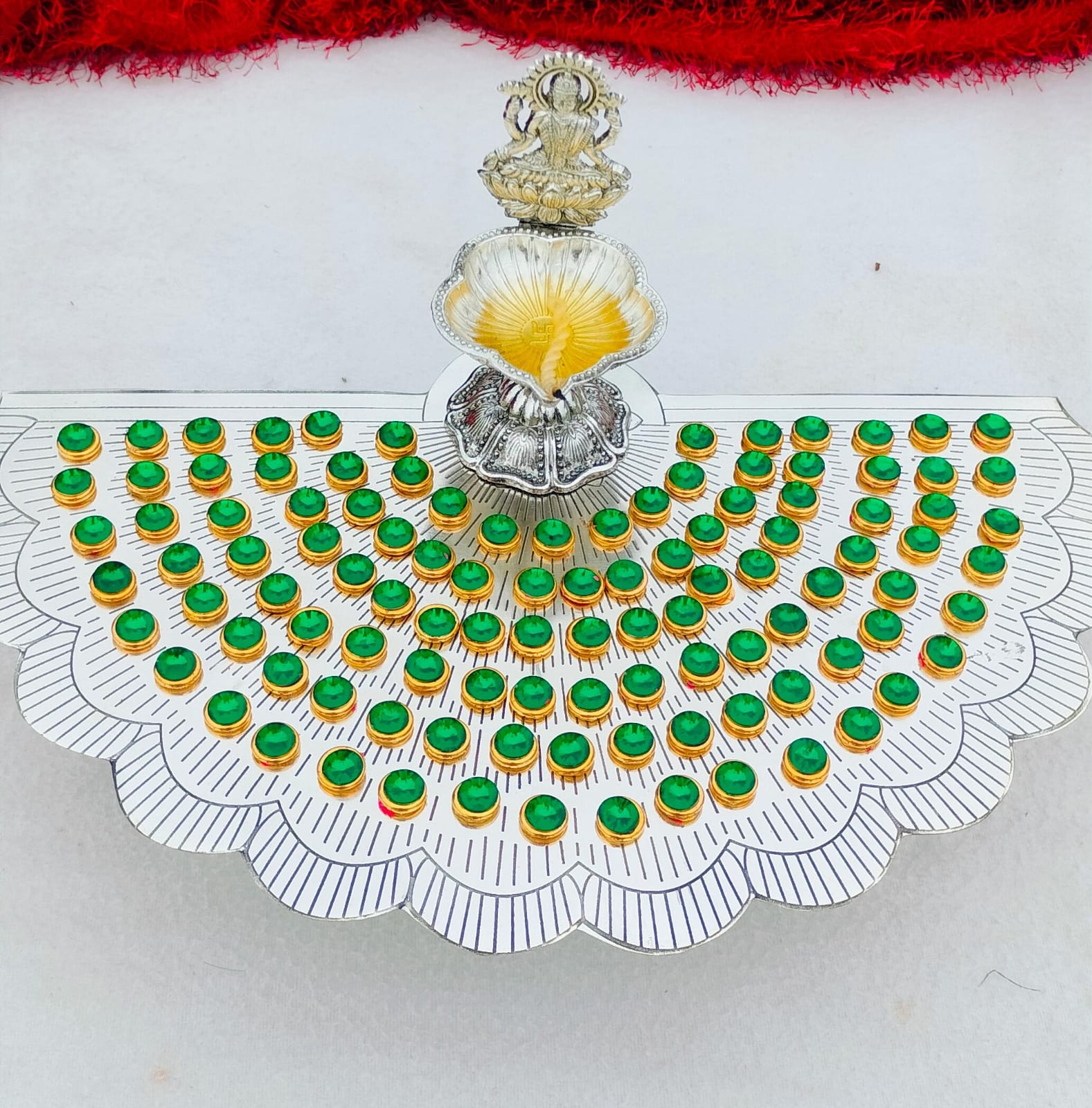 German silver  Ashtotram stand with  108 green flower & MAHA LAXMI DIYA