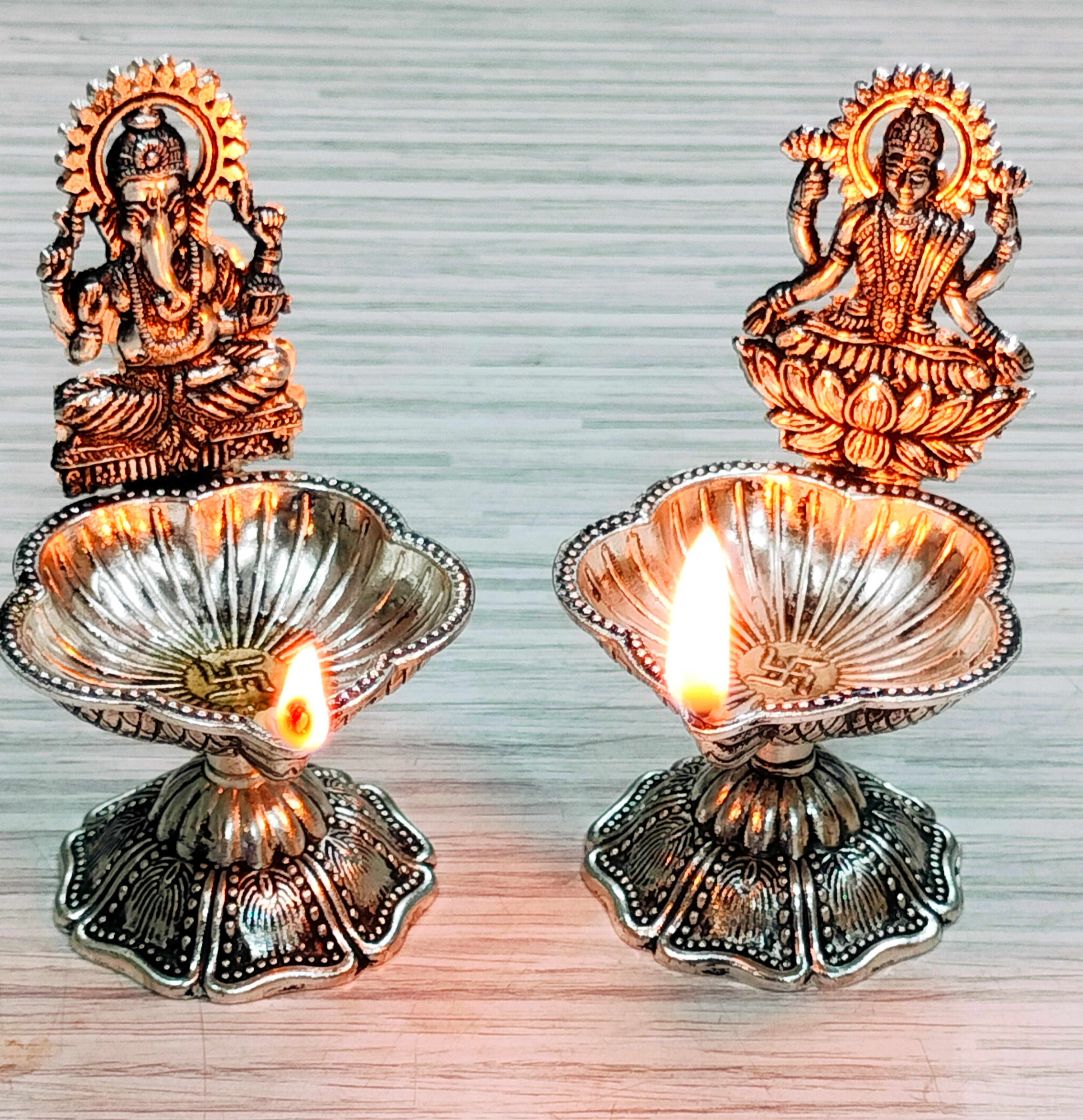 german silver antique finish laksmi ganesh diya set for diwali/ housewarming pooja