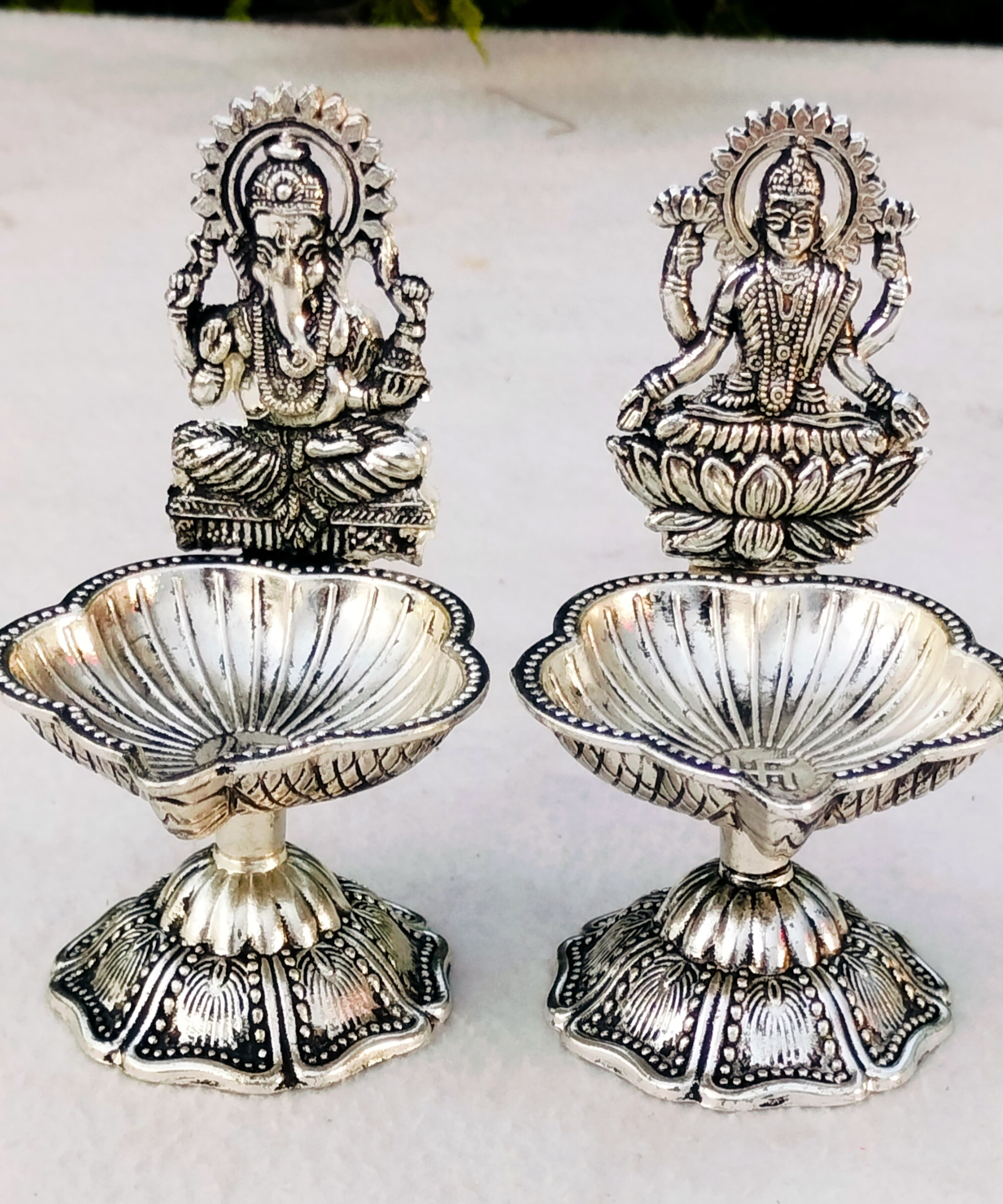 german silver antique finish laksmi ganesh diya set for diwali/ housewarming pooja