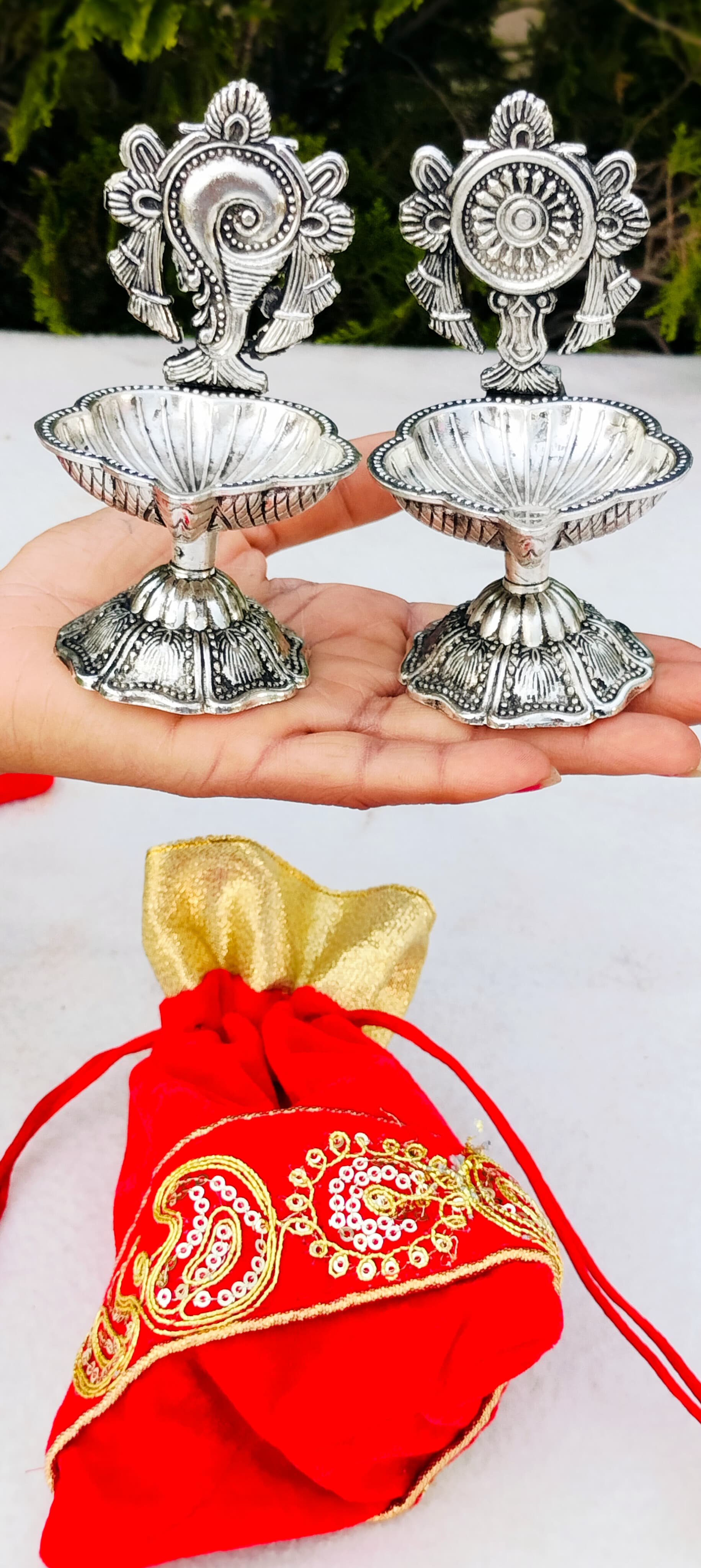 German silver shankh chakra diya pair for diwali