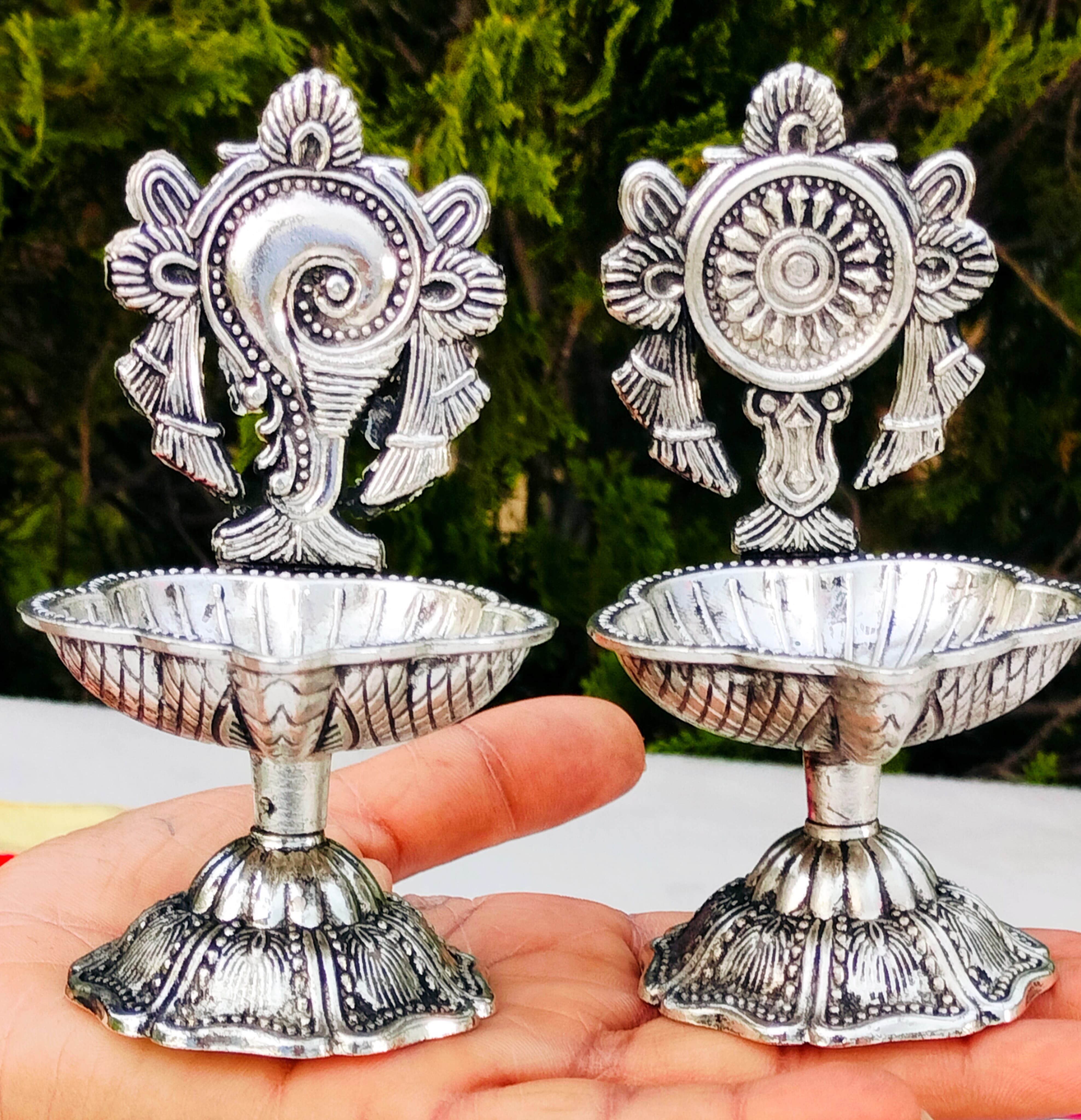 German silver shankh chakra diya pair for diwali