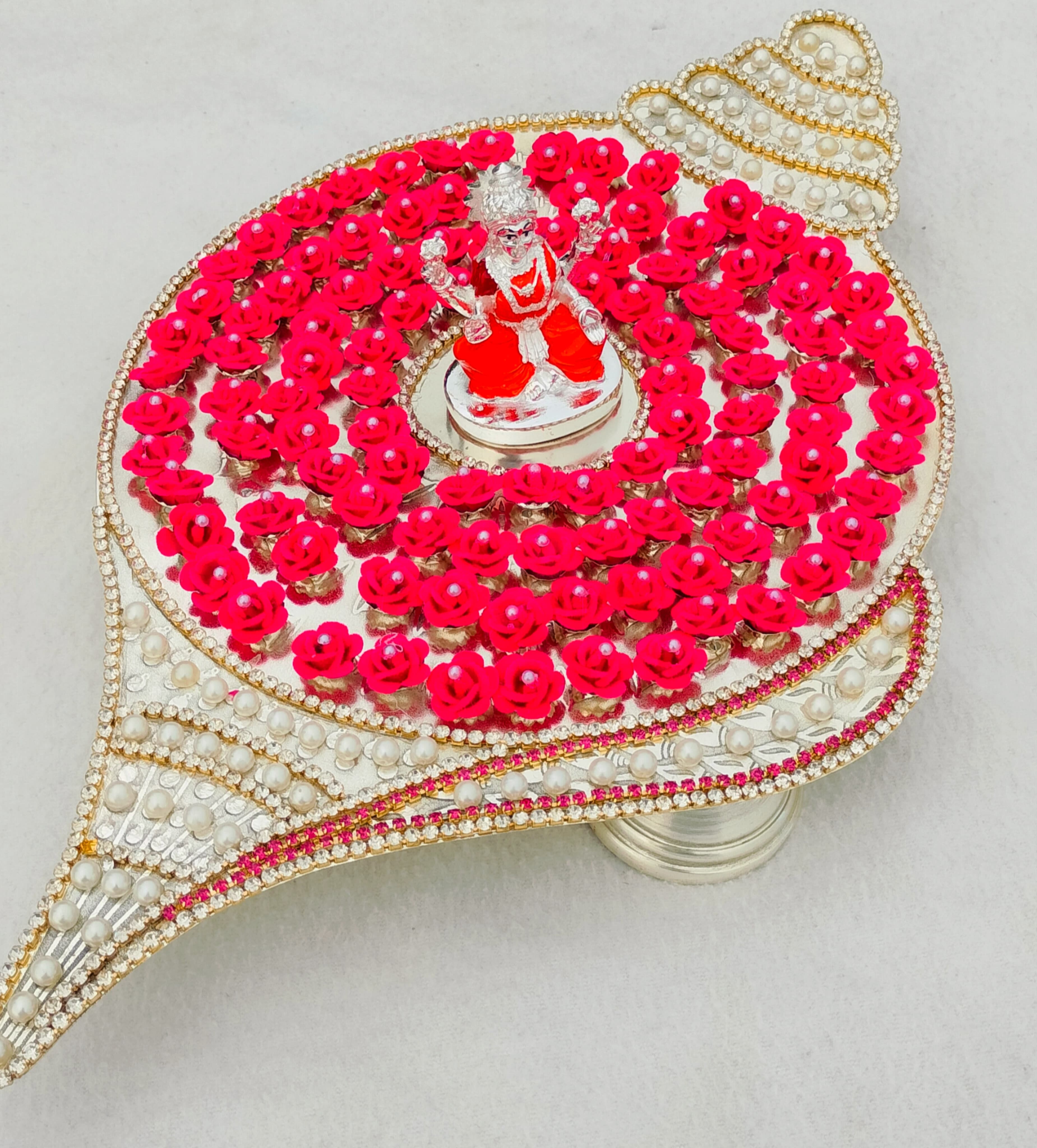 German silver shankh design Ashtotram stand with  108 pink Rose  flower & laxmi idol