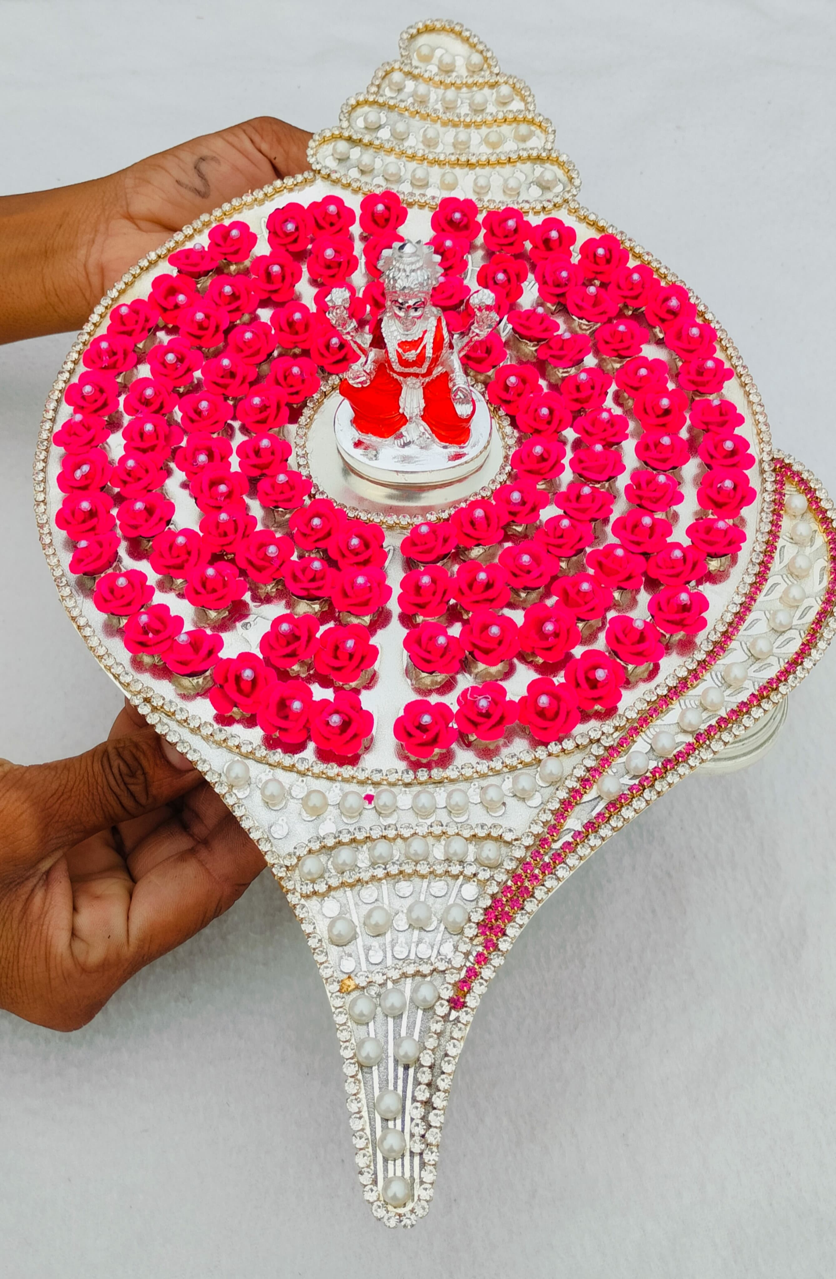 German silver shankh design Ashtotram stand with  108 pink Rose  flower & laxmi idol