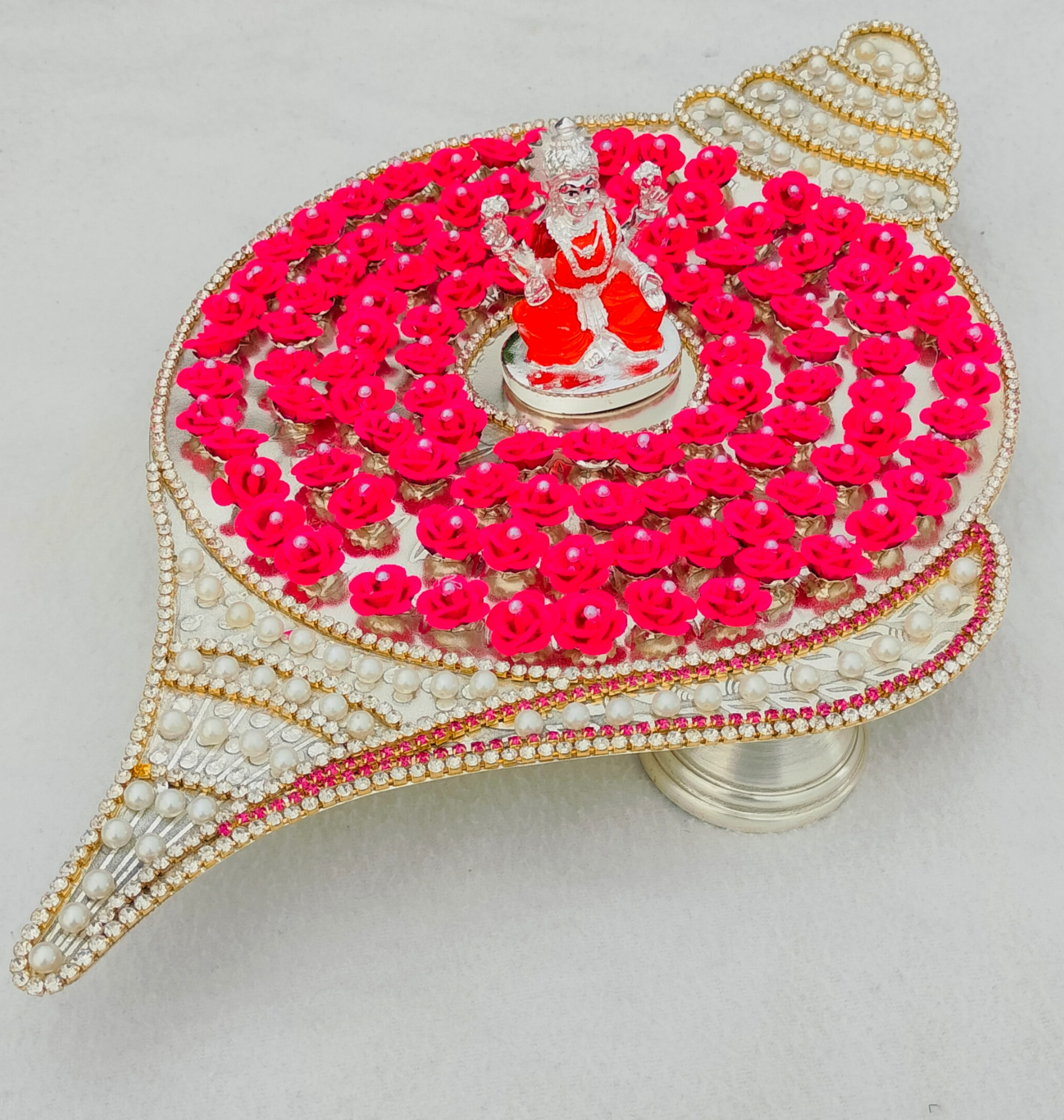 German silver shankh design Ashtotram stand with  108 pink Rose  flower & laxmi idol