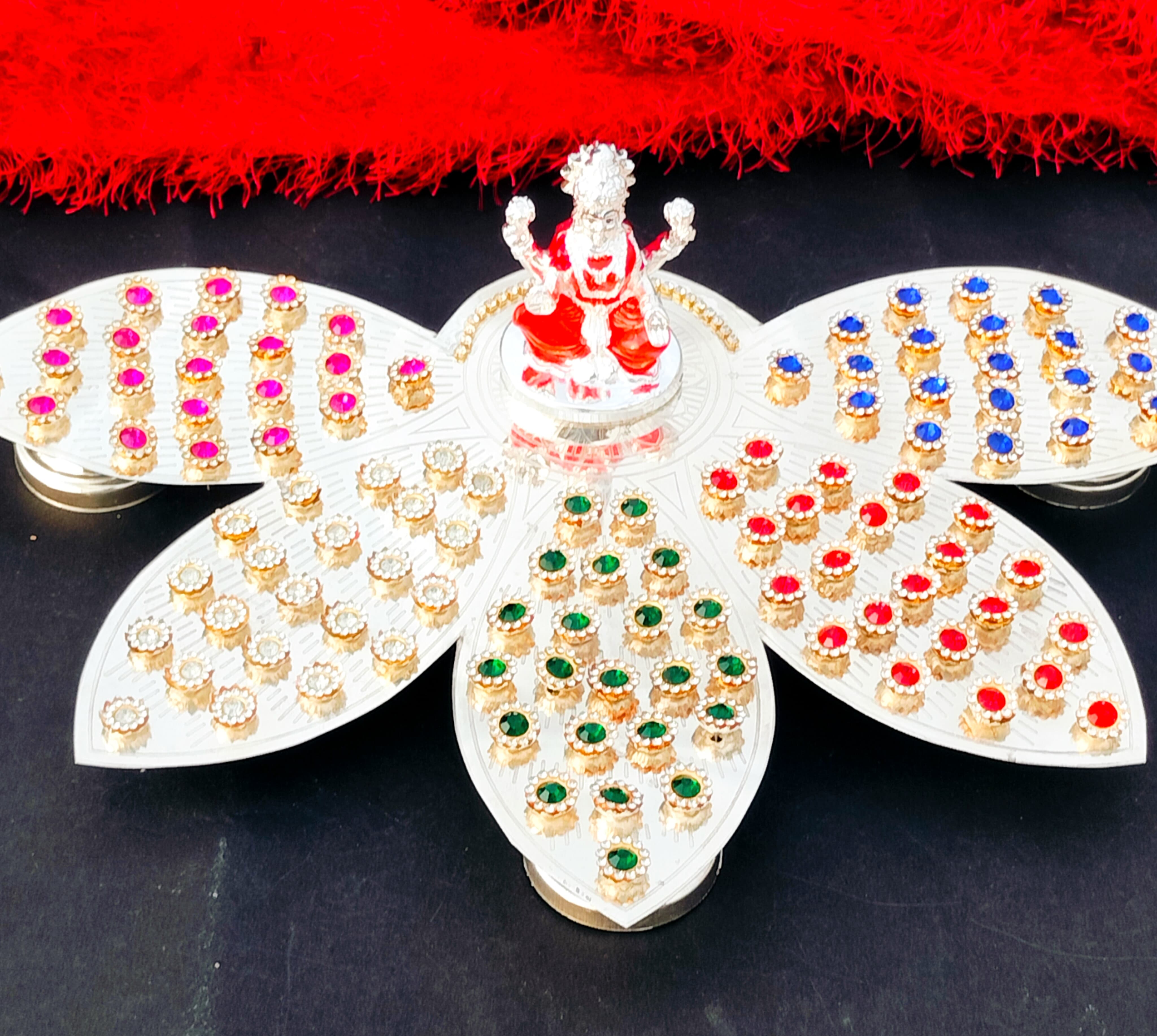 German silver lotus petals design 108 colorful flower Ashtotram stand with lakshmi idol