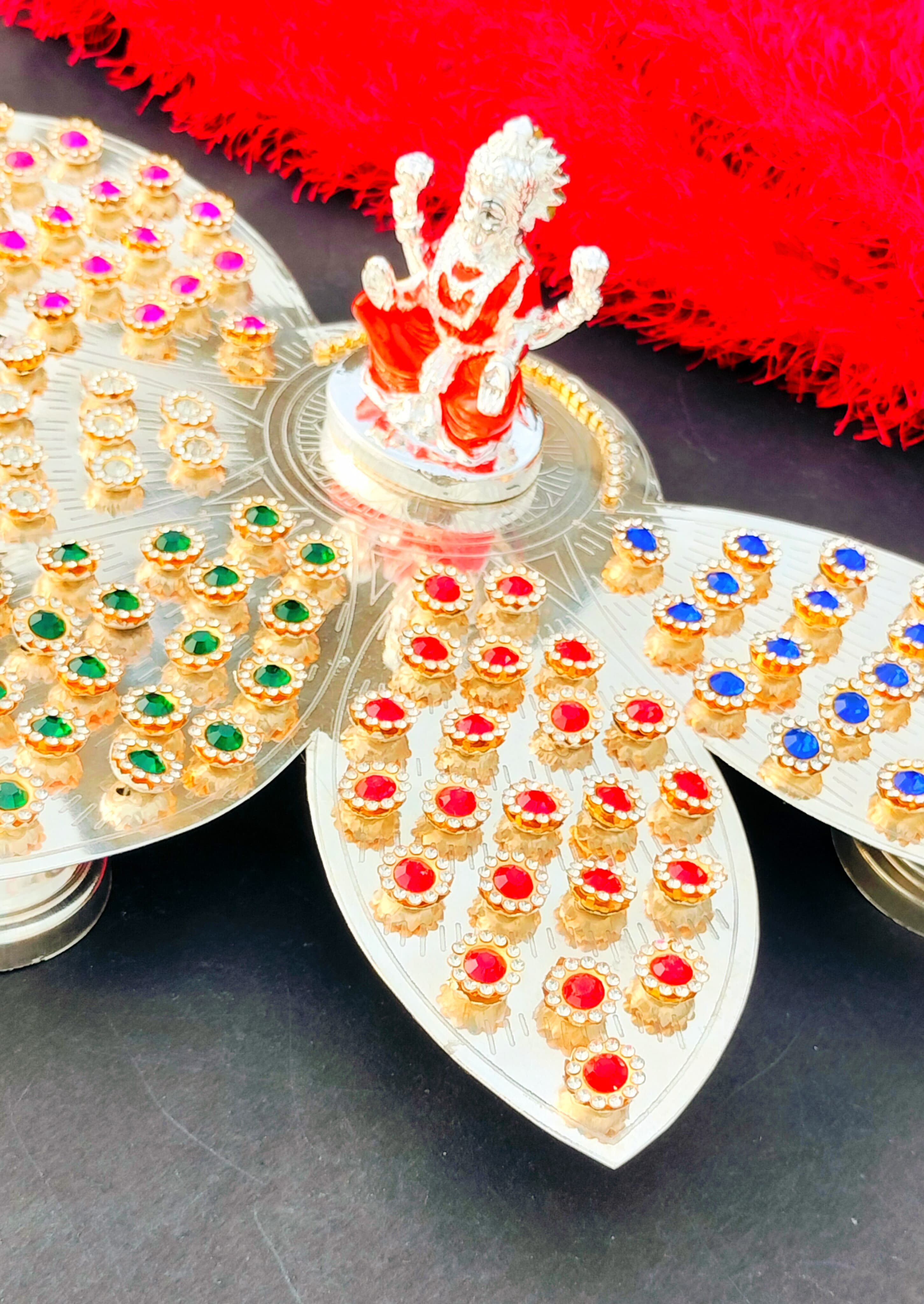 German silver lotus petals design 108 colorful flower Ashtotram stand with lakshmi idol