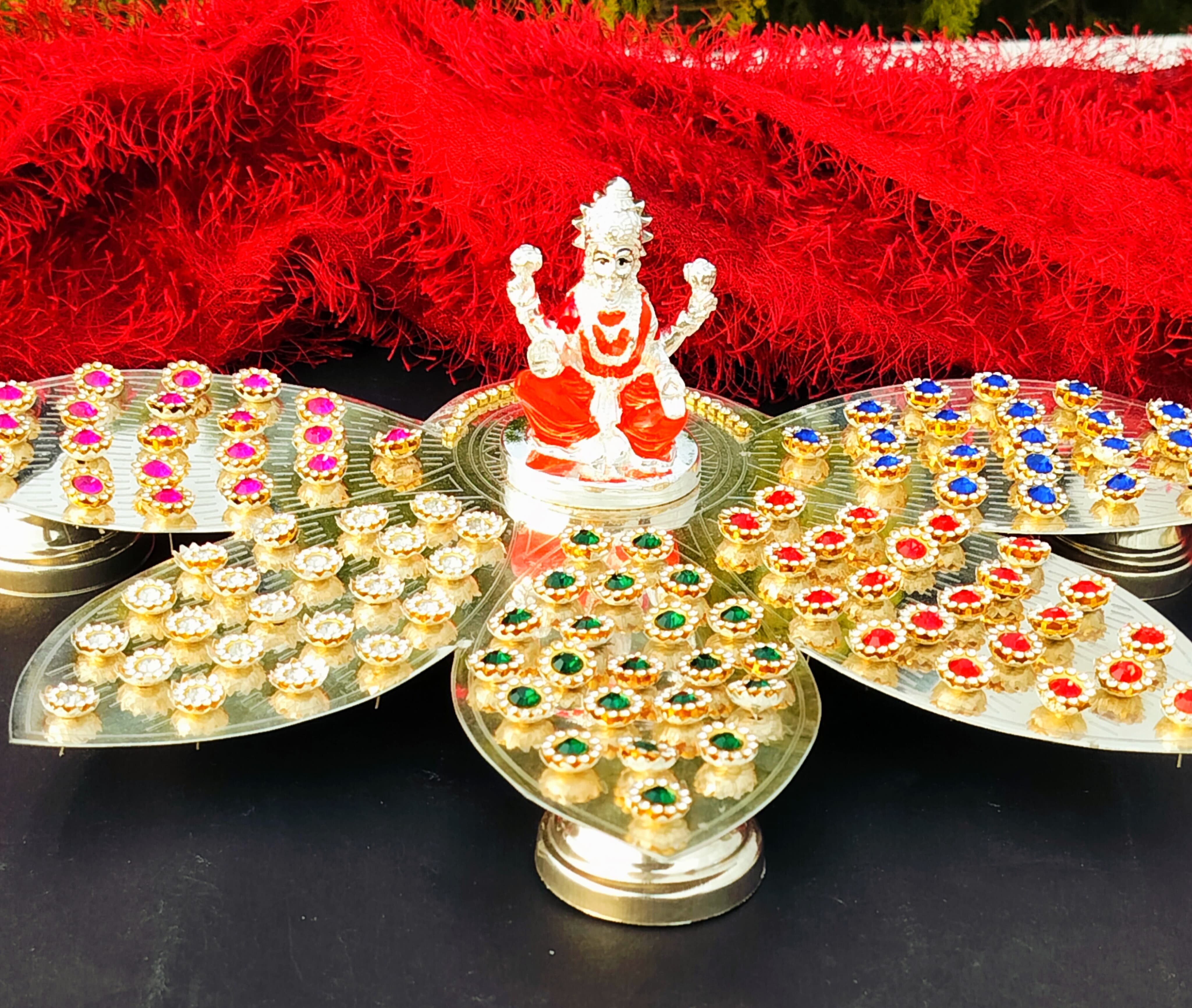 German silver lotus petals design 108 colorful flower Ashtotram stand with lakshmi idol