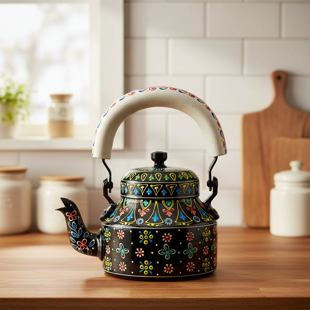 Colorful Handmade Kettle Décor | Bright Home Accent | Unique Kitchen Decoration, black
