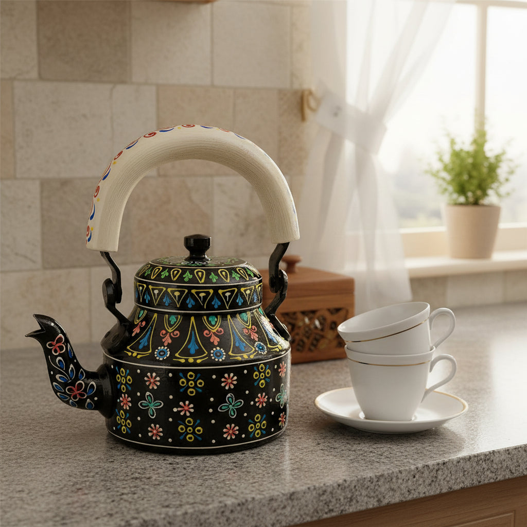Colorful Handmade Kettle Décor | Bright Home Accent | Unique Kitchen Decoration, black